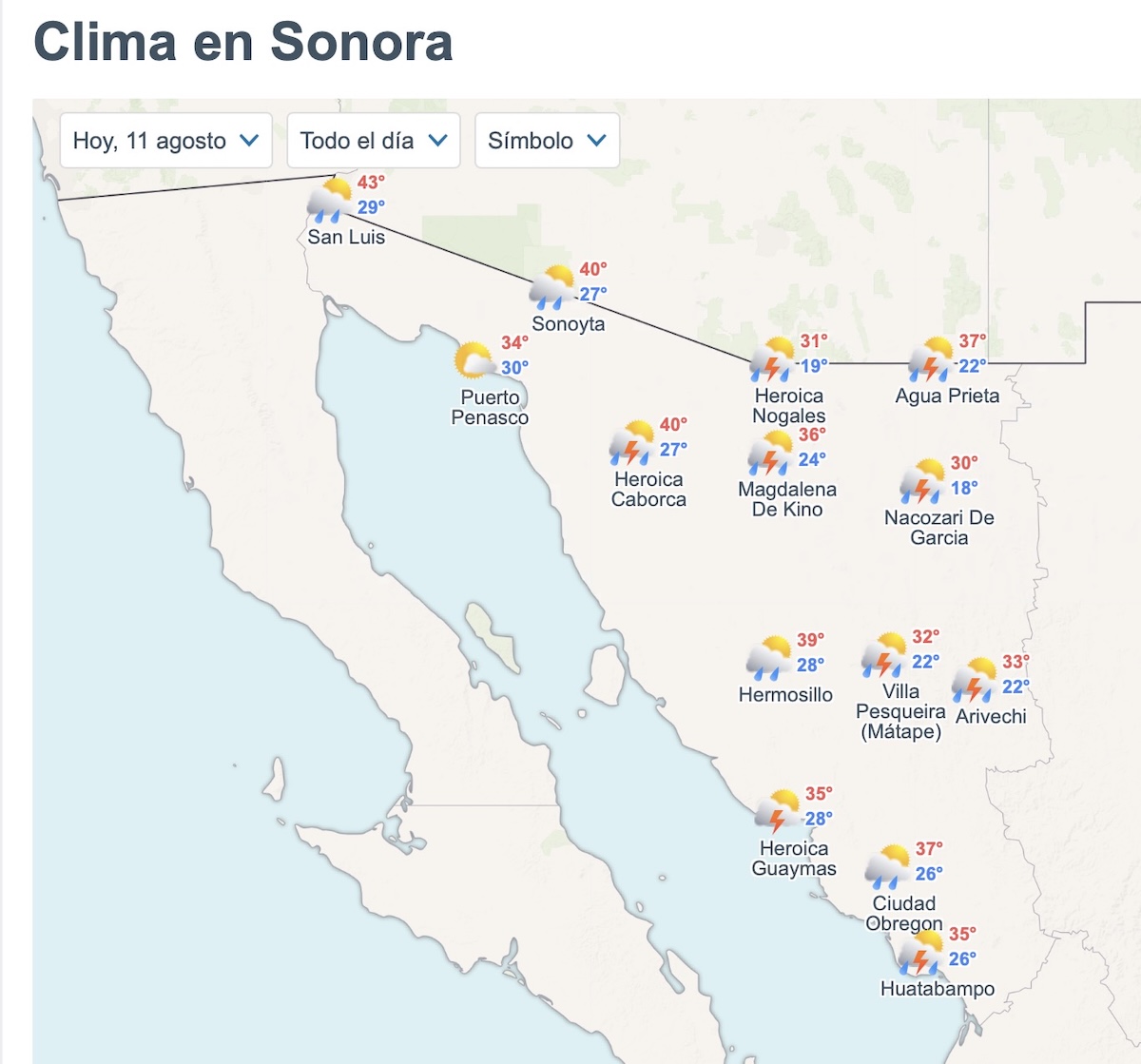 Pronóstico del clima en Sonora para este martes 11 de agosto