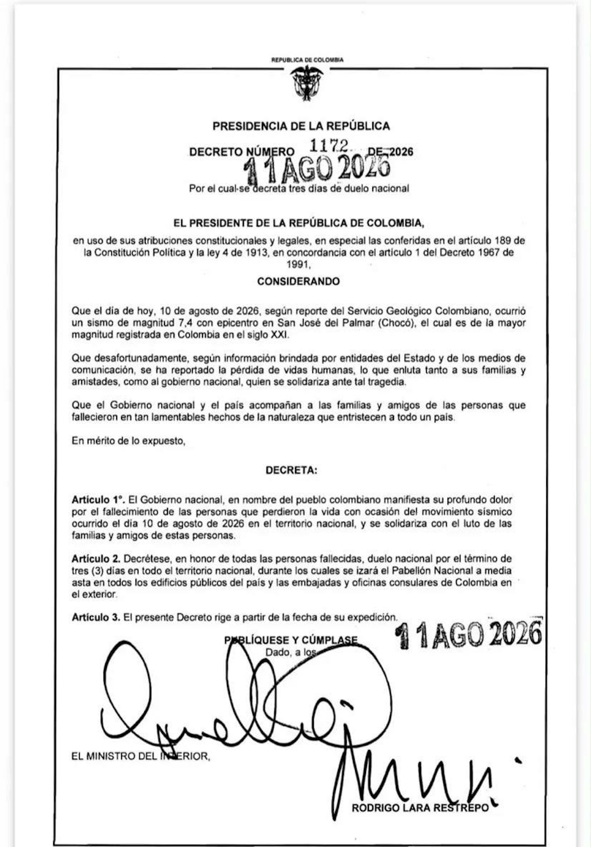 Colombia decreta tres días de duelo por víctimas del terremoto