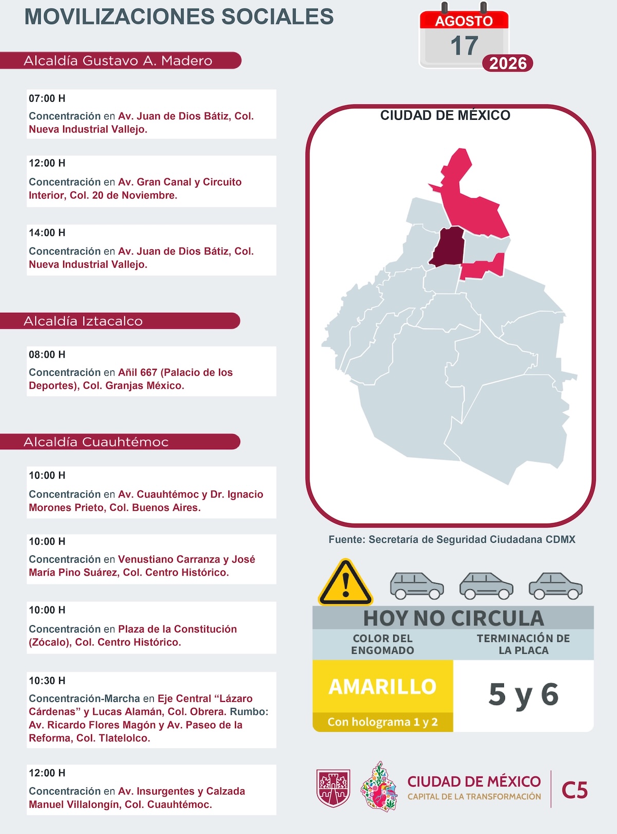 Movilizaciones ciudadanas programadas hoy lunes 17 de agosto de 2026
