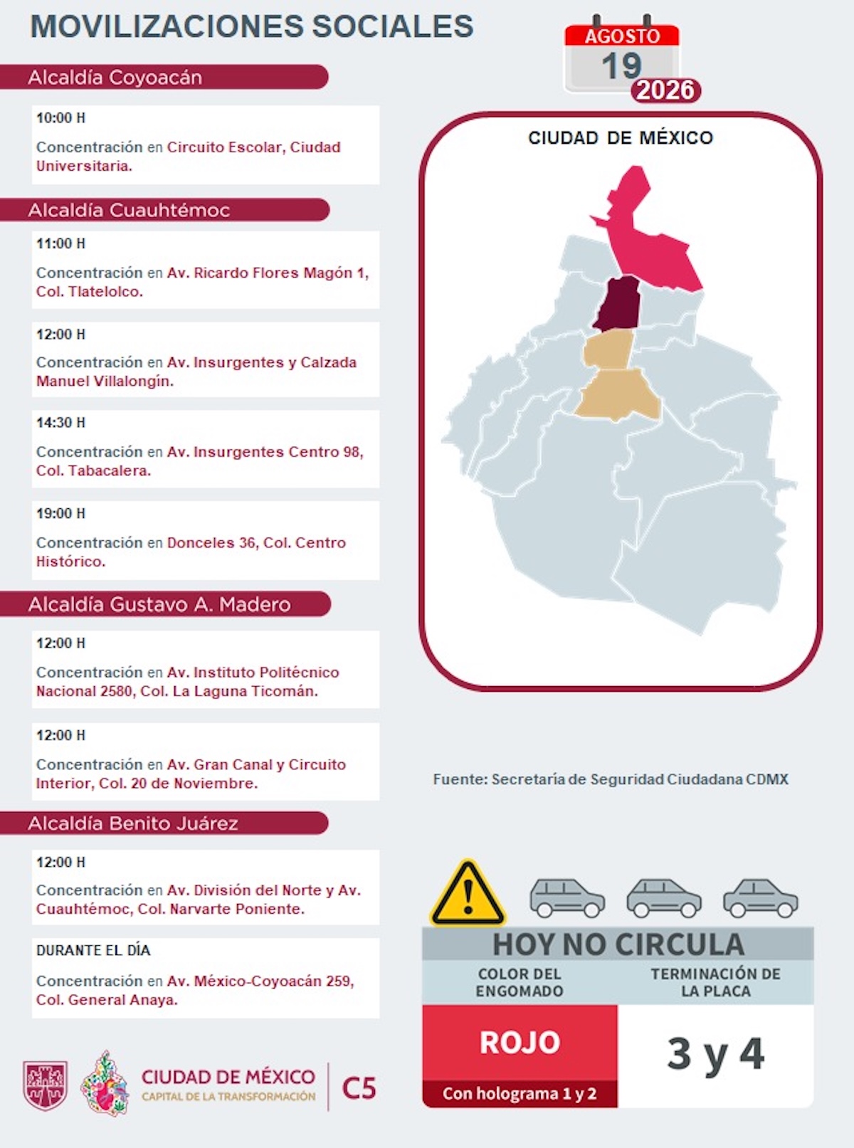 Puntos de concentración, rodadas y bloqueos viales este miércoles en CDMX