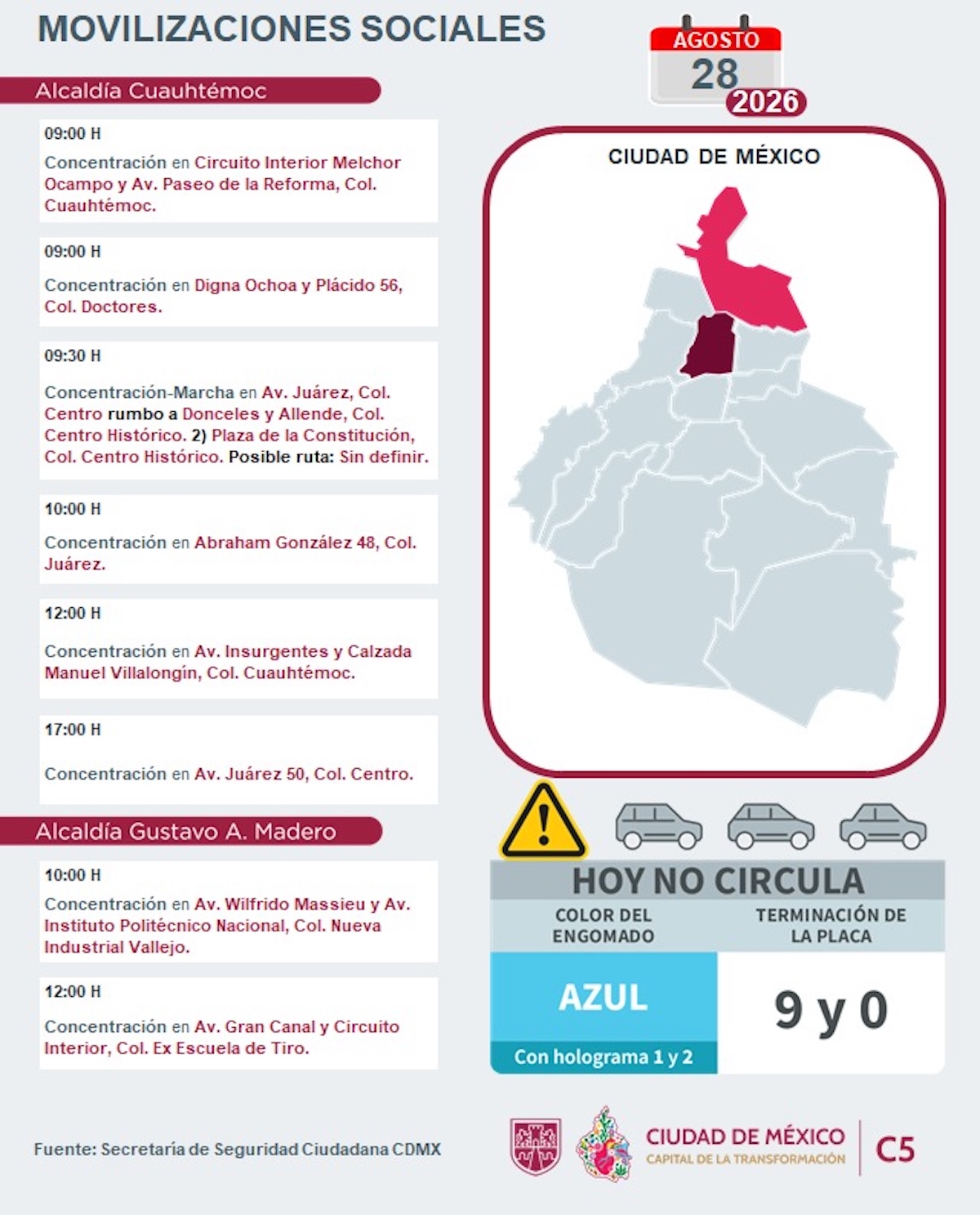 Puntos de concentración, marcha y rodada vial este viernes en CDMX. Foto: C5