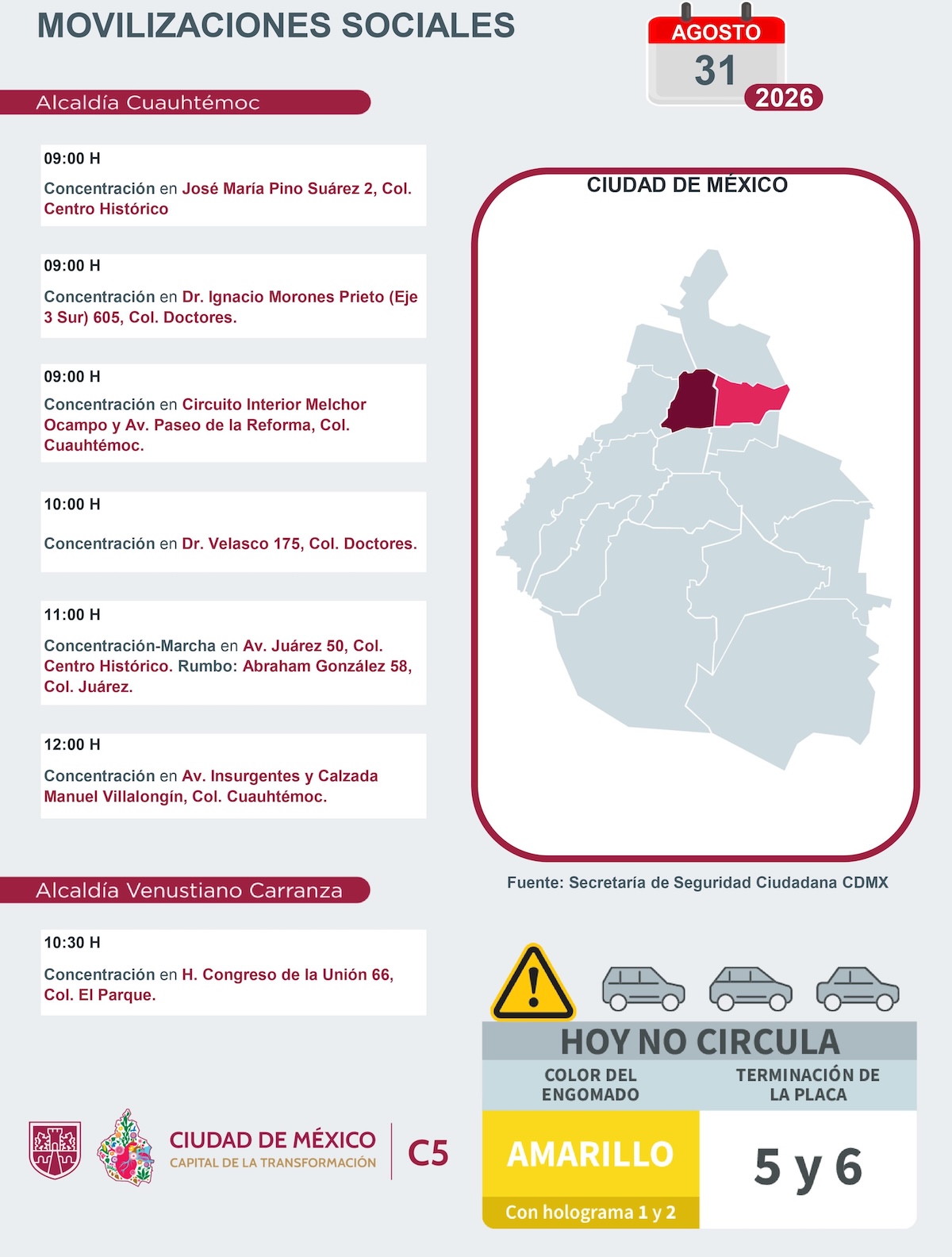 Movilizaciones ciudadanas programadas hoy lunes 31 de agosto de 2026