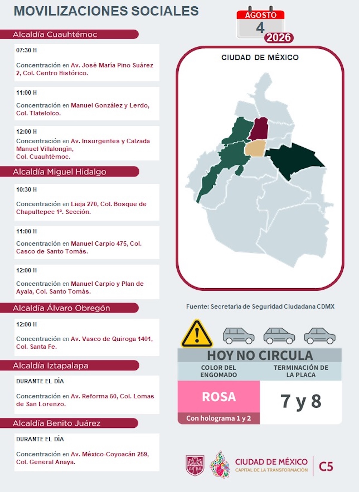 Puntos de concentración y bloqueos viales este martes en CDMX. Foto: C5