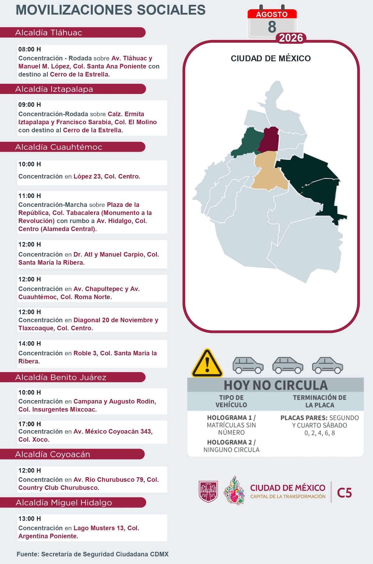 Marchas, bloqueos y afectaciones al tráfico en la CDMX hoy sábado 8 de agosto de 2026