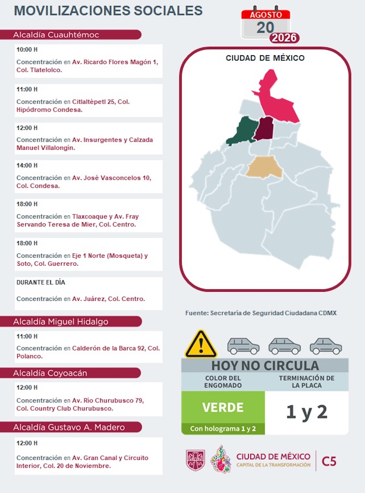 Marchas, bloqueos y afectaciones al tráfico en la CDMX hoy jueves 20 de agosto de 2026