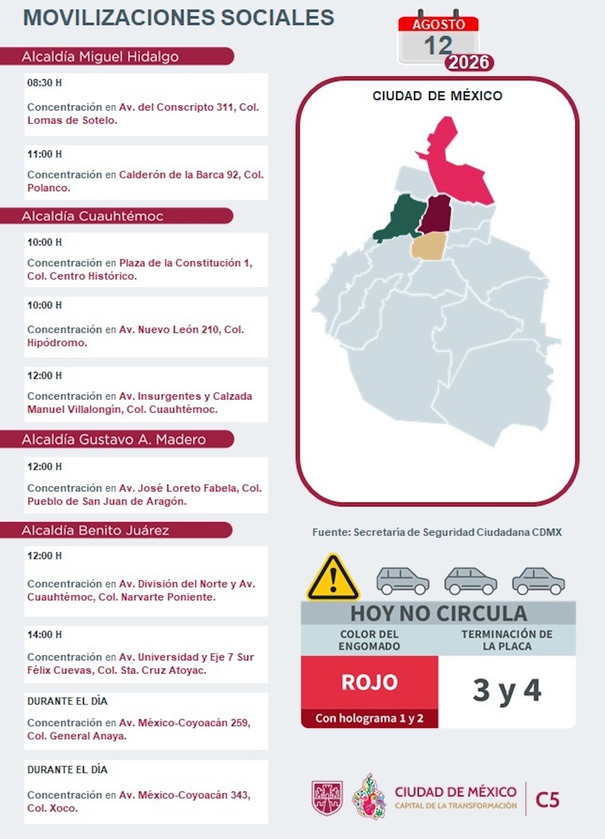 Reporte del C5: Puntos de concentración y bloqueos viales este miércoles en CDMX