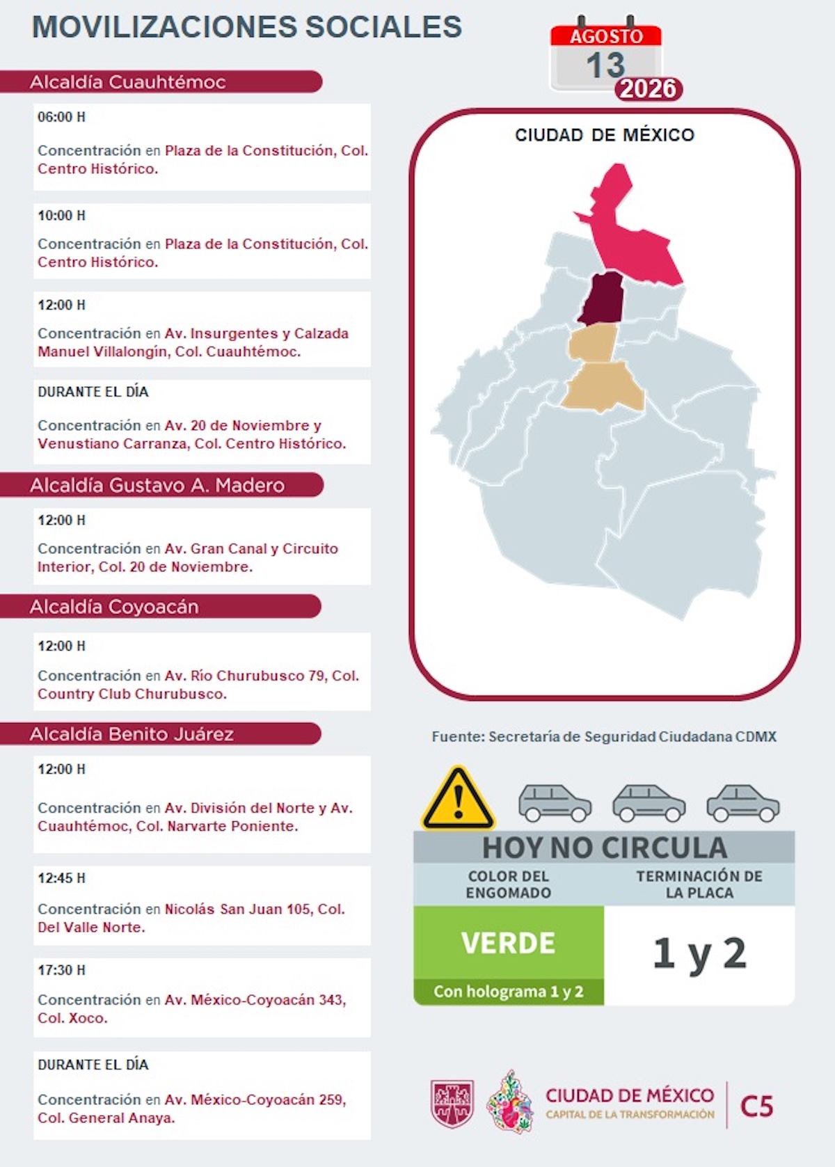 Movilizaciones ciudadanas programadas hoy jueves 13 de agosto de 2026. Foto: C5