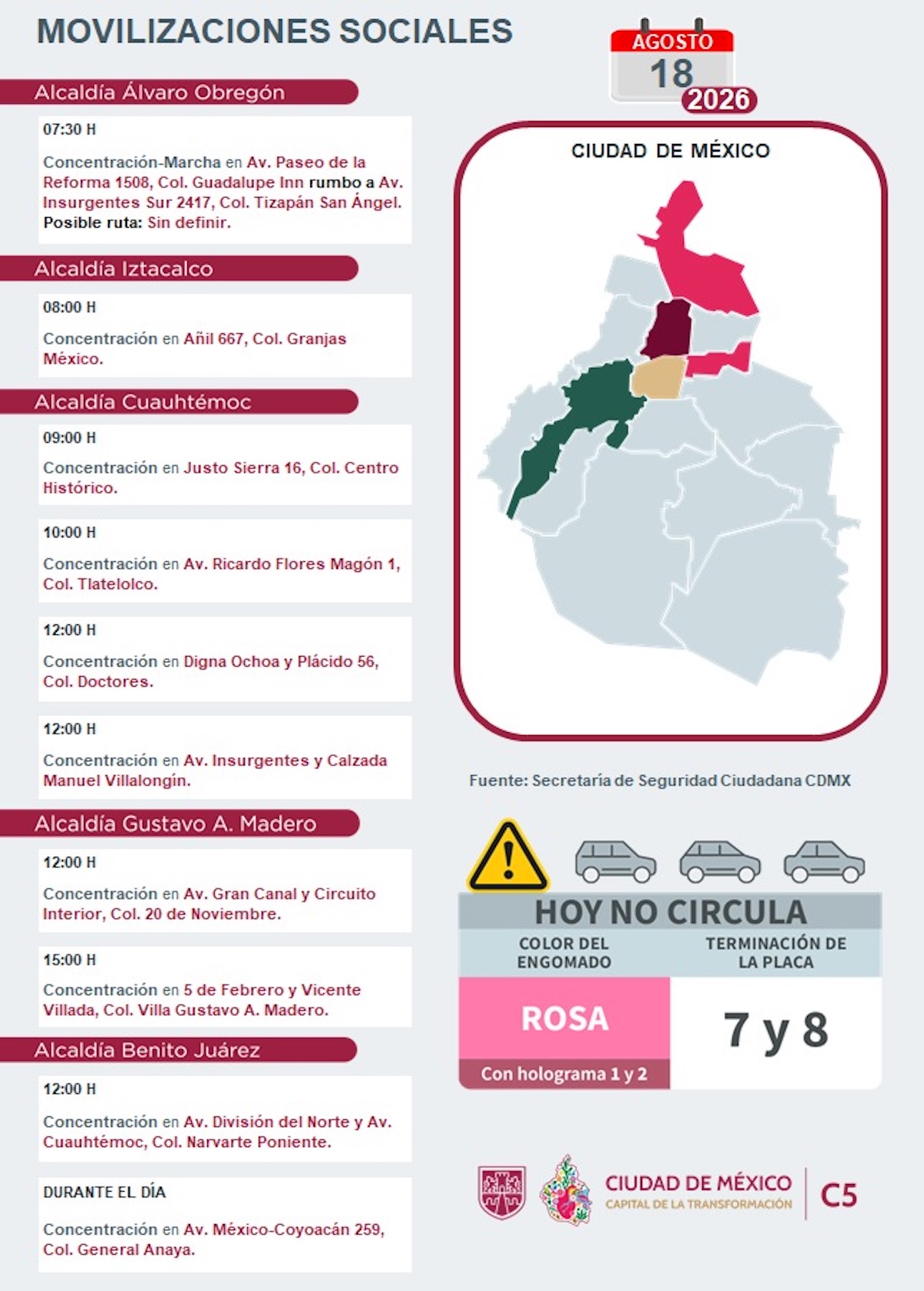 Reporte del C5: Puntos de concentración, marchas y bloqueos viales este martes en CDMX