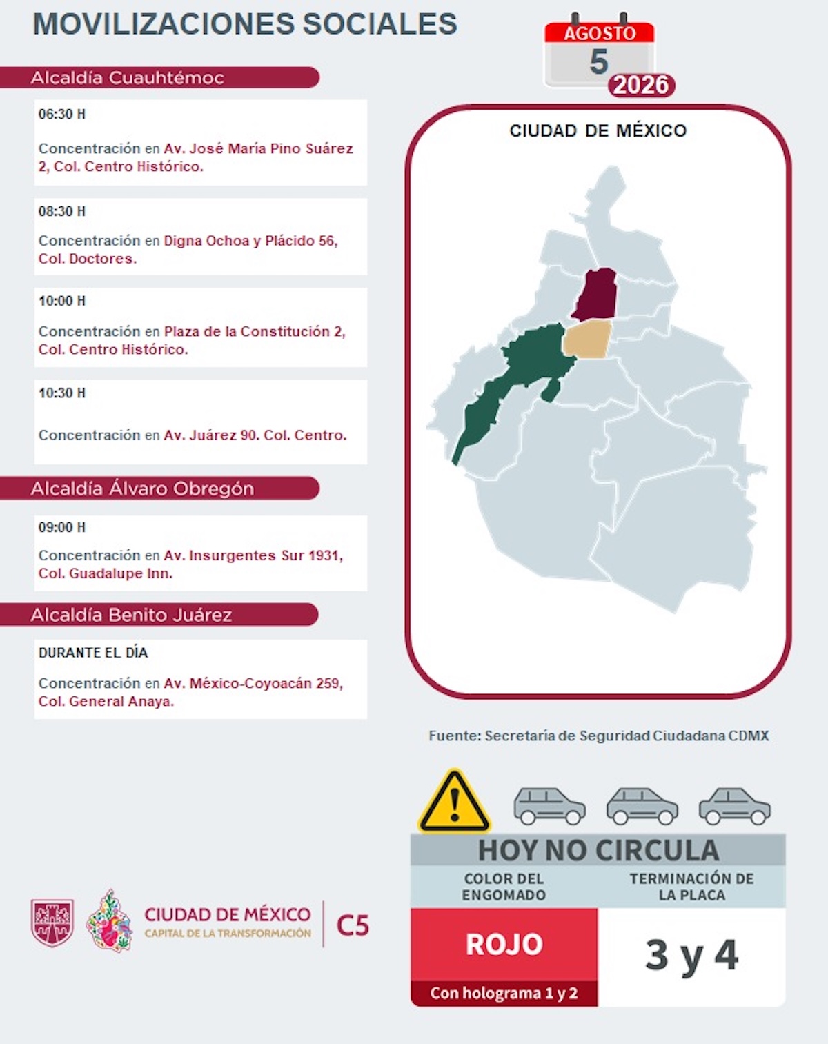 Marchas, bloqueos y afectaciones al tráfico en la CDMX hoy miércoles 5 de agosto de 2026. Foto: C5