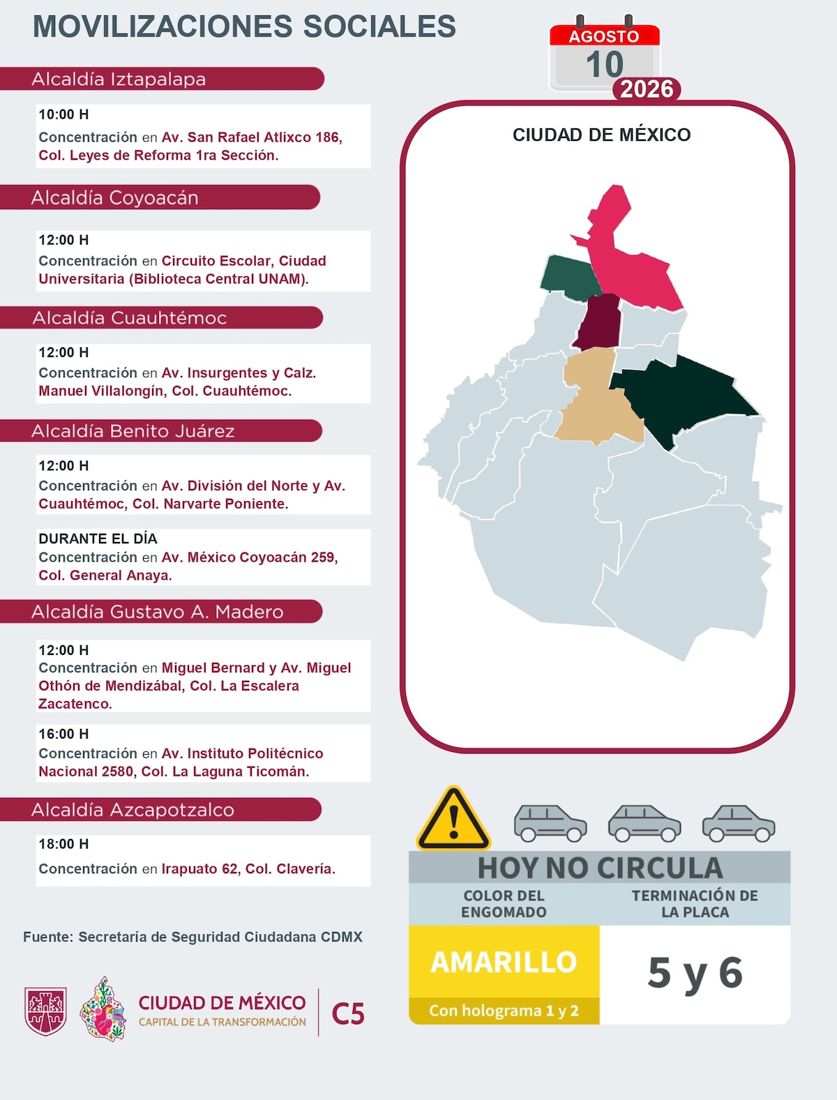 Movilizaciones ciudadanas programadas hoy lunes 10 de agosto de 2026. Foto: C5
