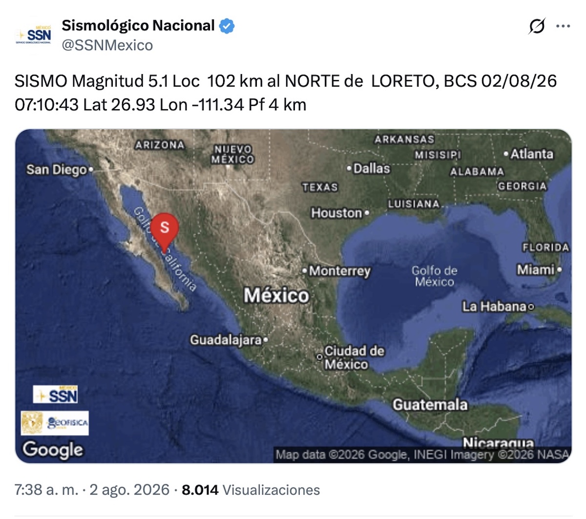 Sismo de 5.1 sacude Baja California Sur este domingo. Foto: SSN