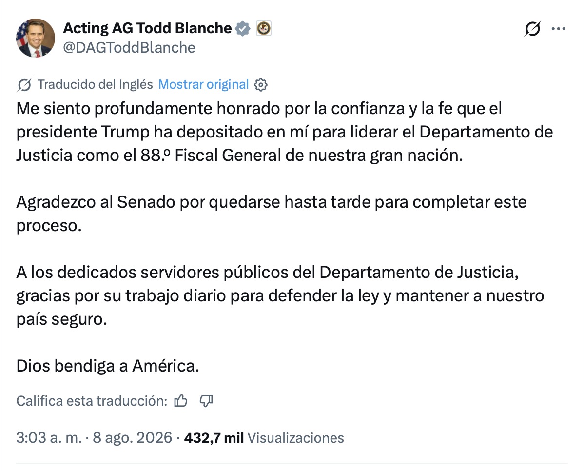 Todd Blanche asume como fiscal general de EU