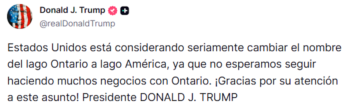 Trump propone llamar “lago América” al lago Ontario