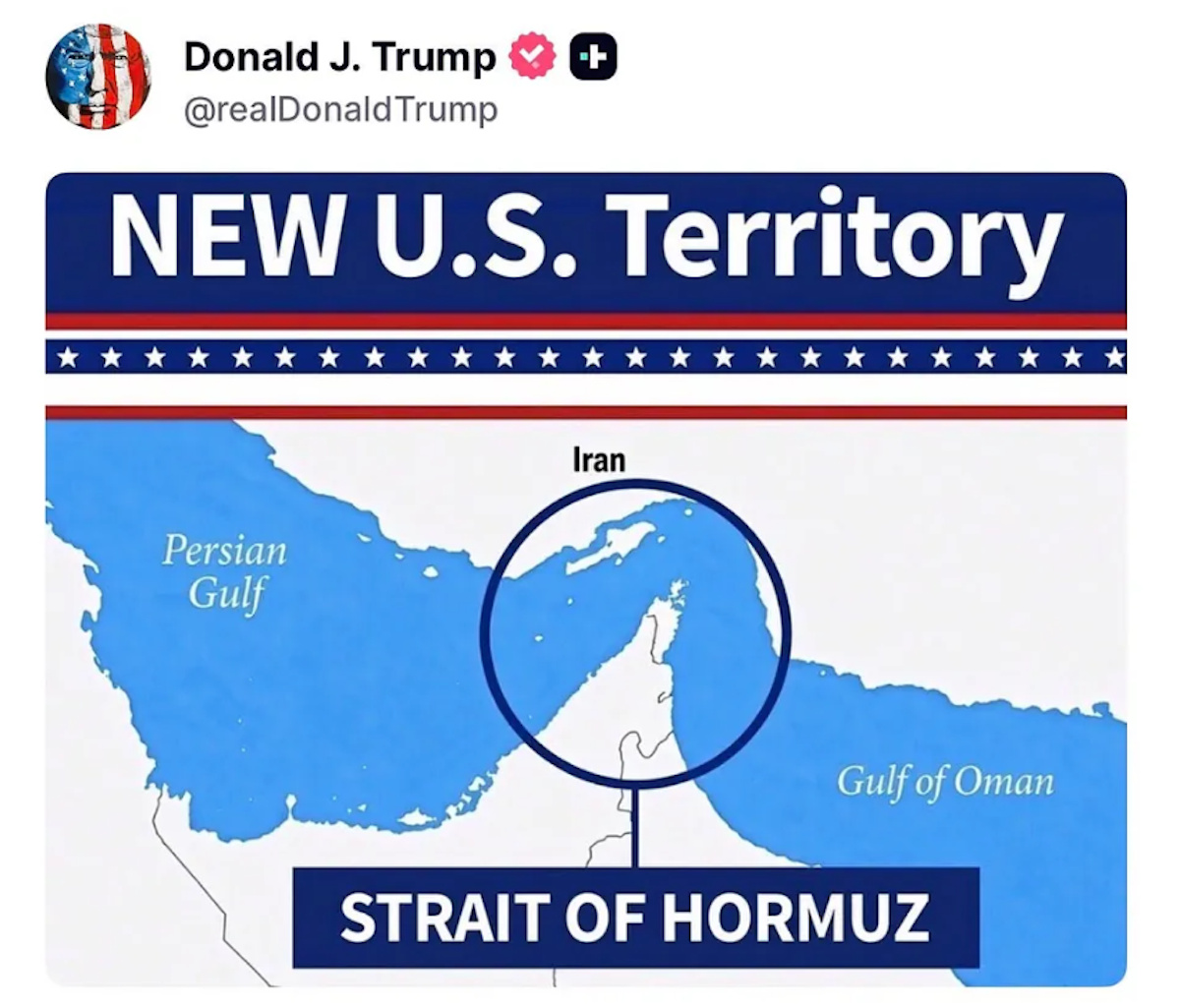 Donald Trump publicó una imagen donde presenta el estrecho de Ormuz como “nuevo territorio” de EU