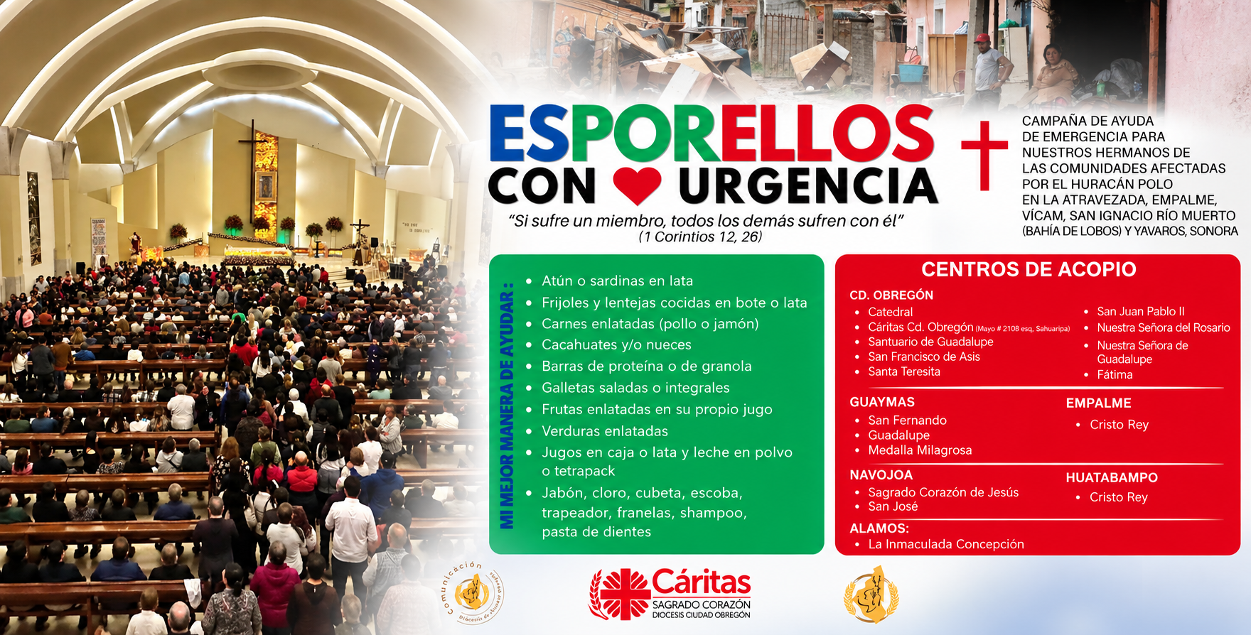 Diócesis de Ciudad Obregón inicia colecta para apoyar a familias afectadas por ‘Polo’