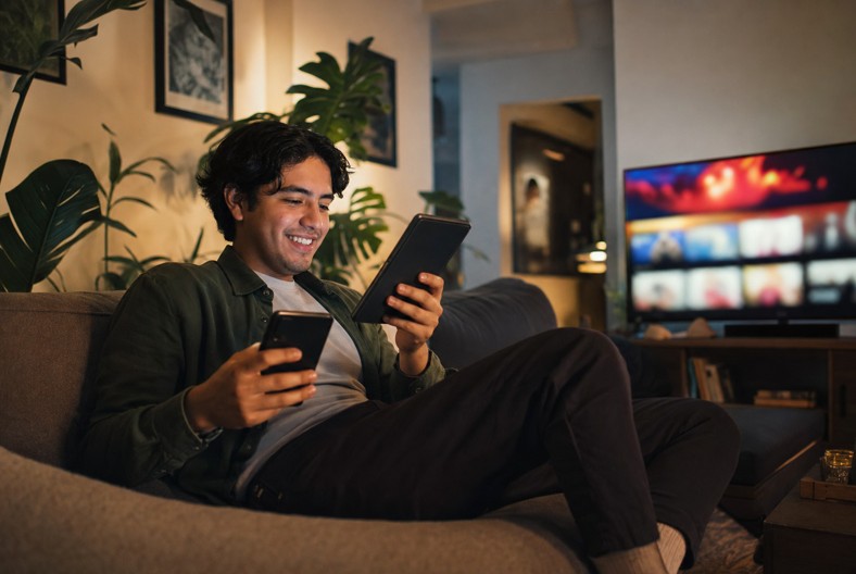 Joven mexicano sonríe en el sofá de su sala por la noche, usando celular y tablet frente a una smart TV con streaming