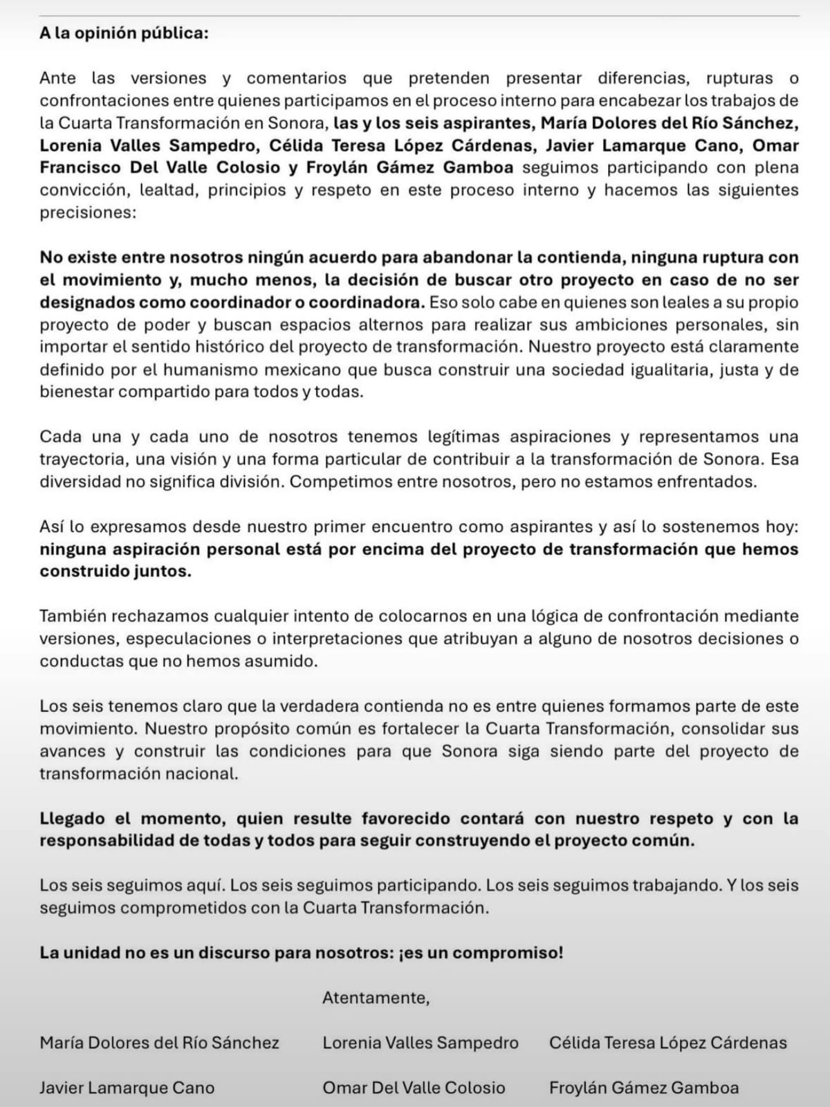 Los seis seguimos aquí Aspirantes de Morena en Sonora rechazan ruptura
