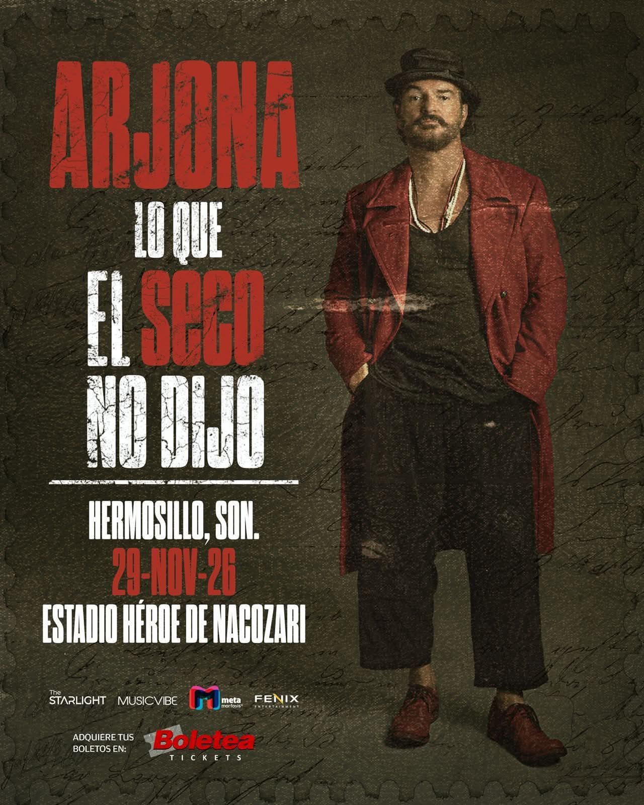 Ricardo Arjona volverá a Hermosillo el 29 de noviembre en el Héroe de Nacozari