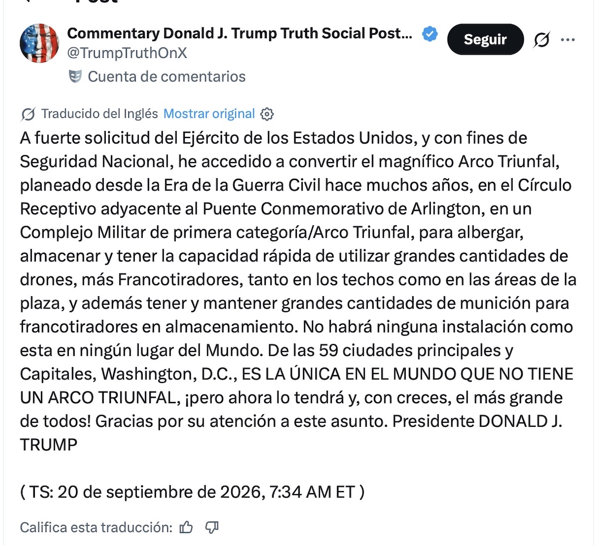Trump defiende su arco en Washington como instalación de seguridad nacional
