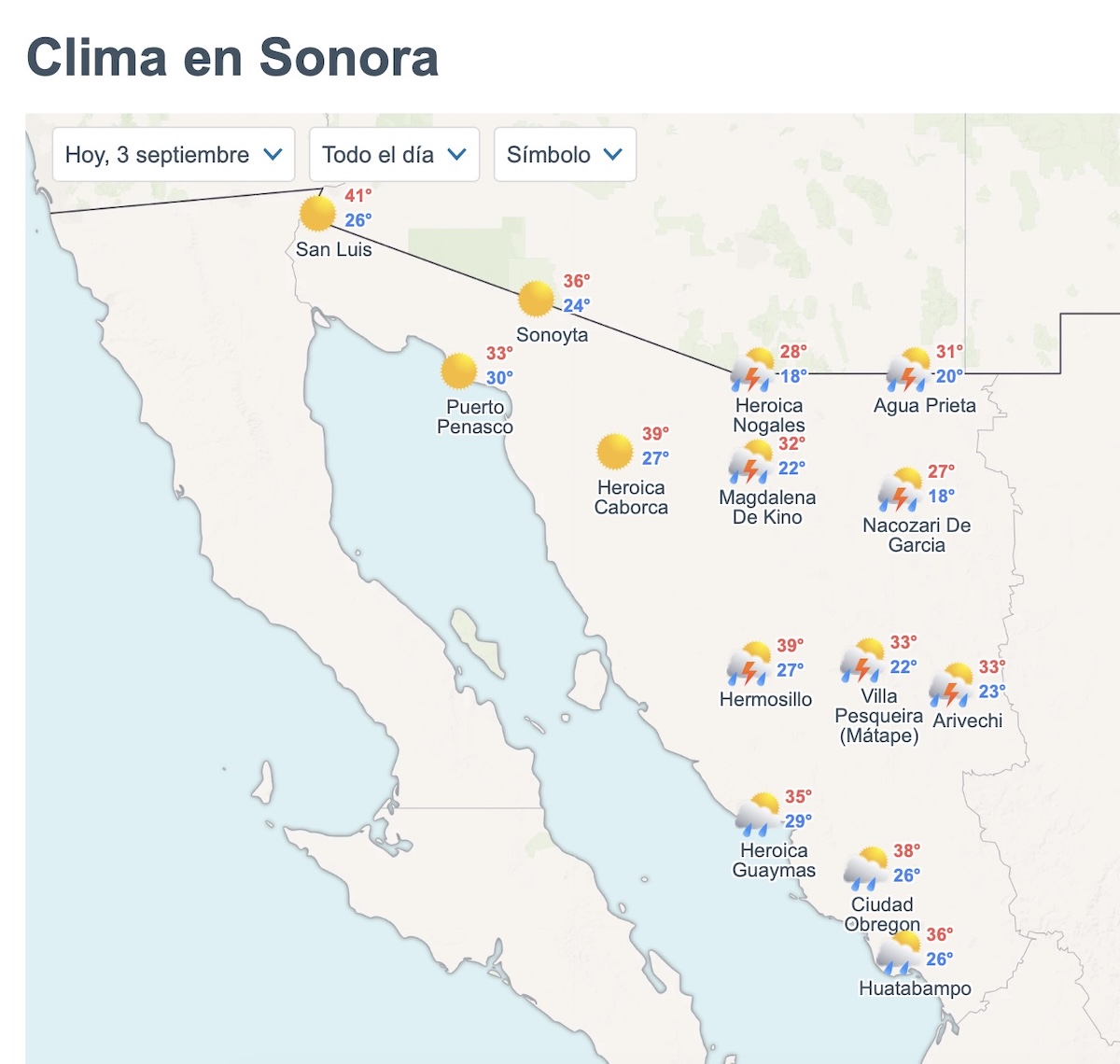 Pronóstico del clima en Sonora para HOY. Foto: Meteored.mx