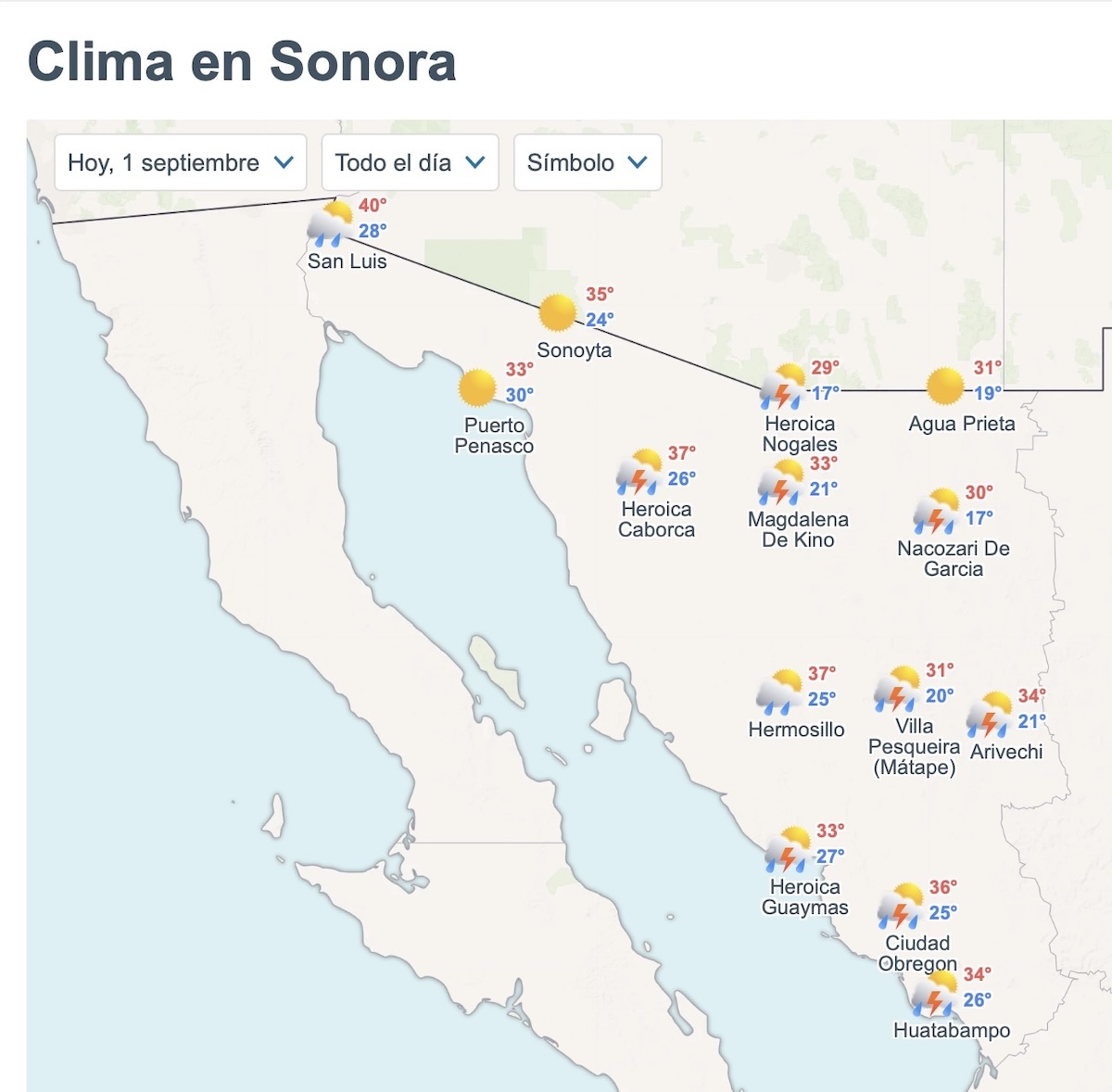 Clima en Sonora hoy martes 1 de septiembre. Foto: Meteored.mx