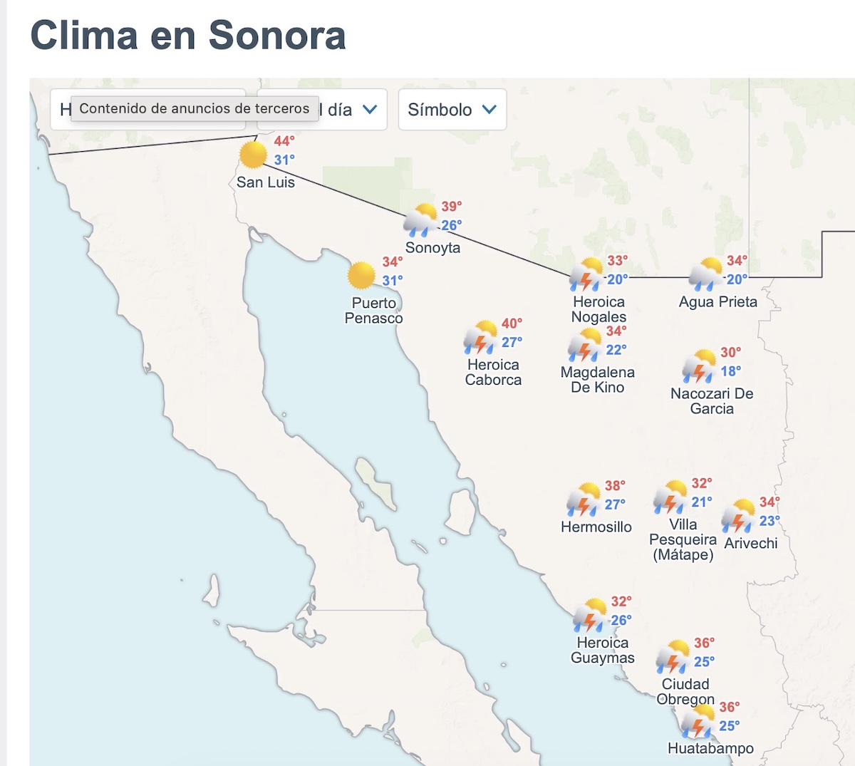 Así será el clima en Sonora este jueves 10 de septiembre de 2026. Foto: Meteored.mx