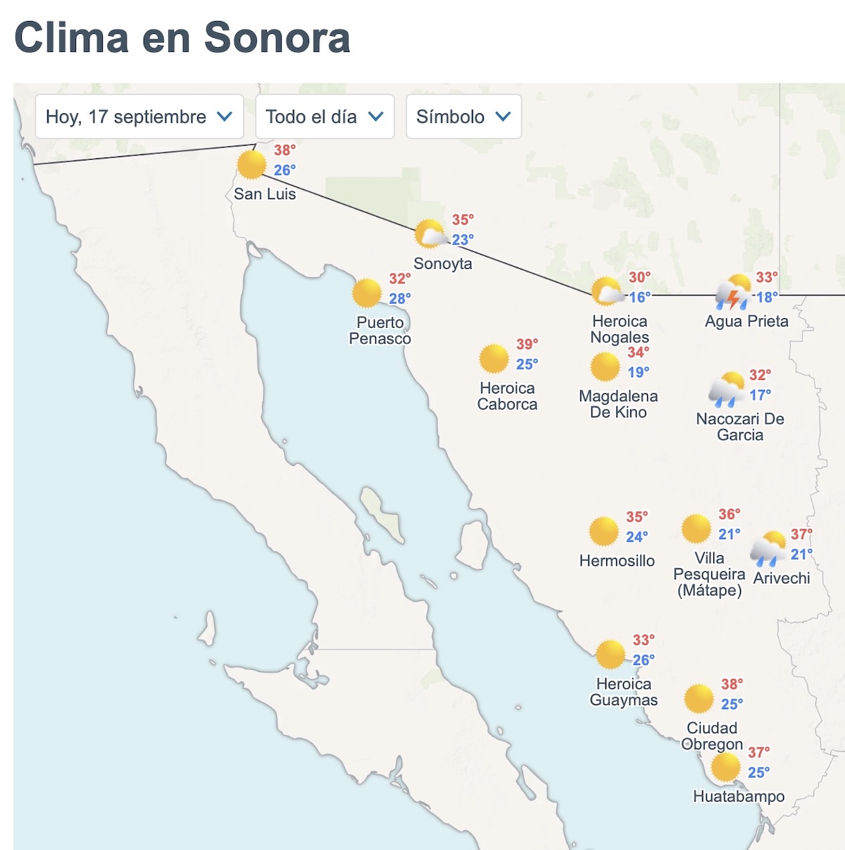 Así será el clima en Sonora este jueves 17 de septiembre. Foto: Meteored.mx