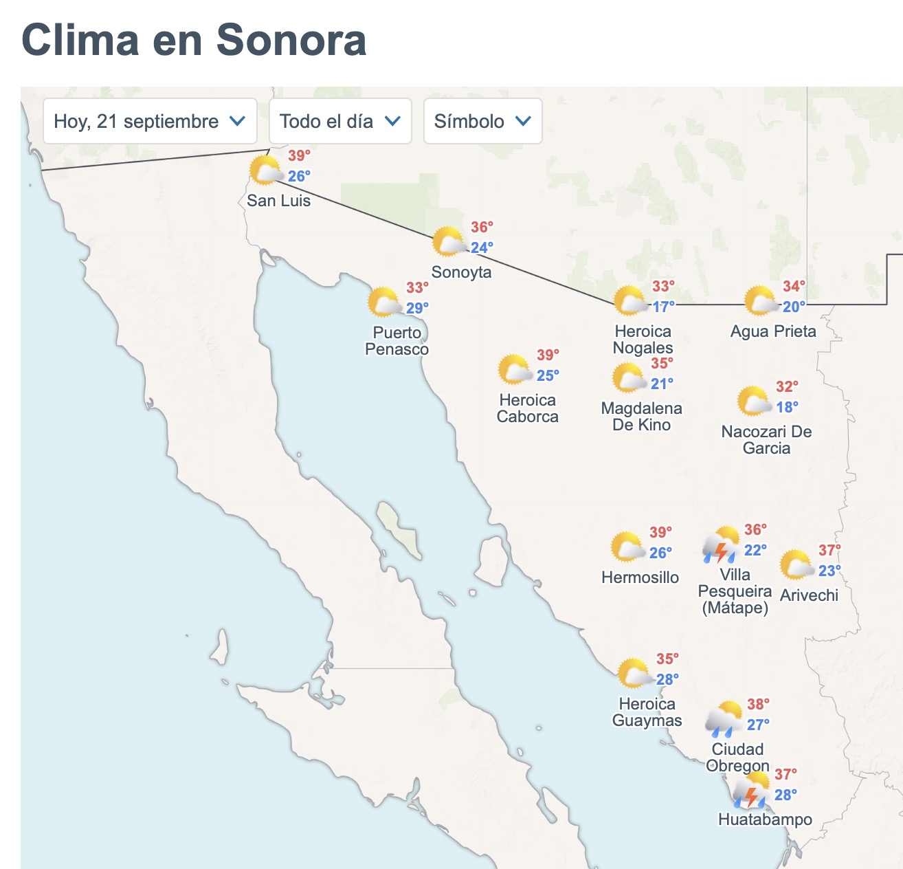 Pronóstico del clima en Sonora este lunes: lluvias y calor de hasta 39°C