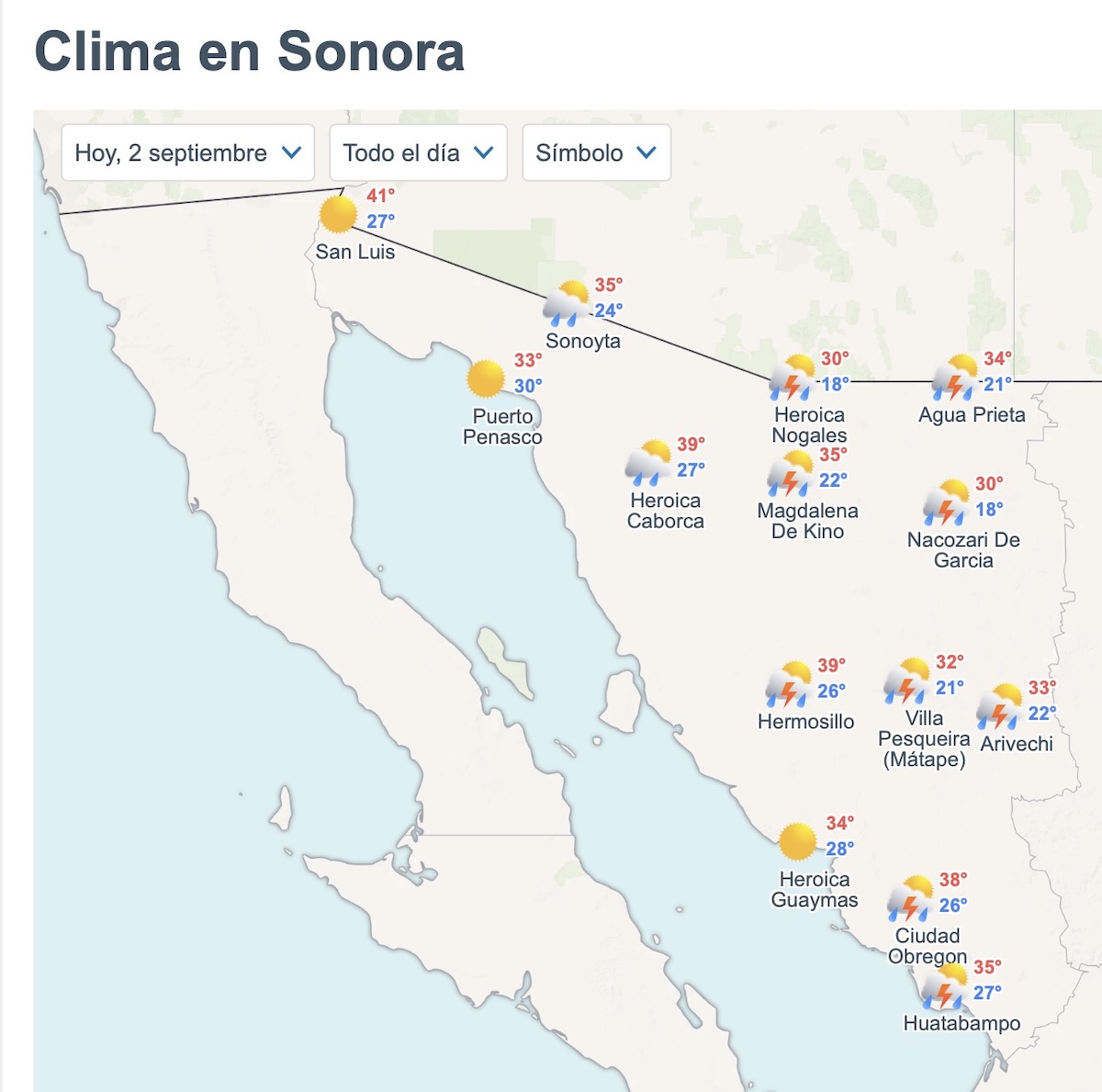 Pronóstico del tiempo en Sonora hoy 2 de septiembre. Foto: Meteored.mx