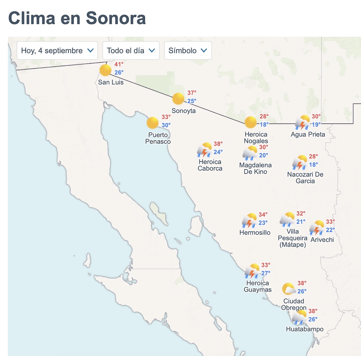 Clima en Sonora hoy viernes 4 de septiembre. Foto: Meteored.mx