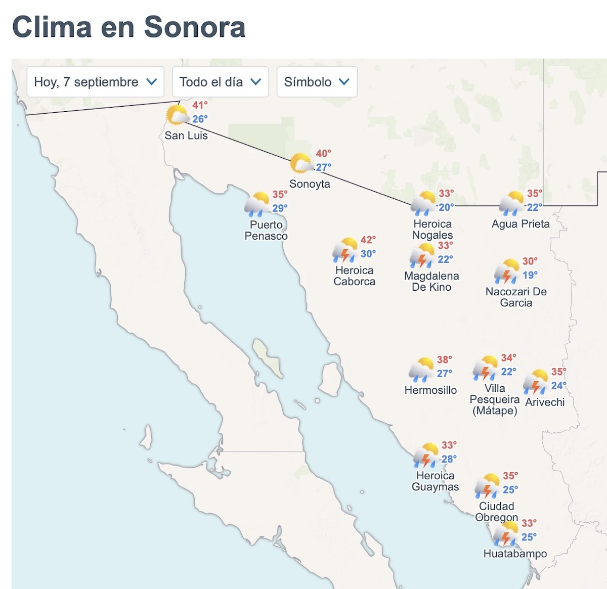 Pronóstico del clima HOY 7 de septiembre para Sonora. Foto: Meteored.mx