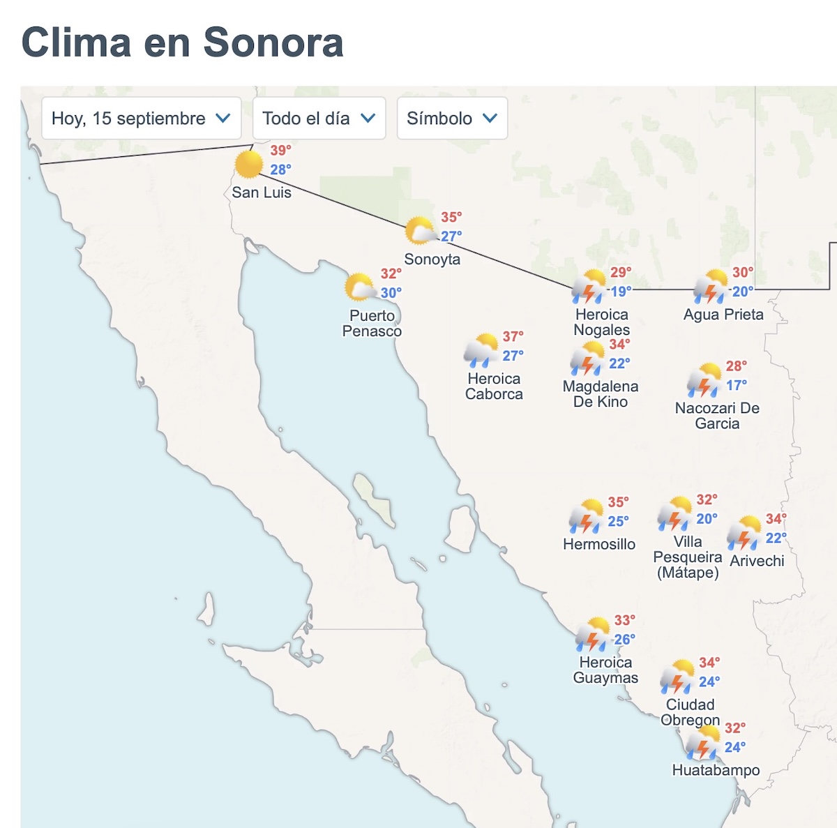Pronóstico del clima en Sonora para este martes 15 de septiembre. Foto: Meteored.mx