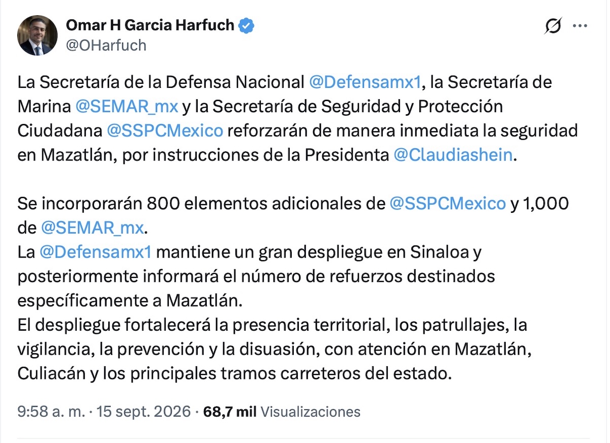 Refuerzan seguridad en Mazatlán con mil 800 elementos federales. Foto: X