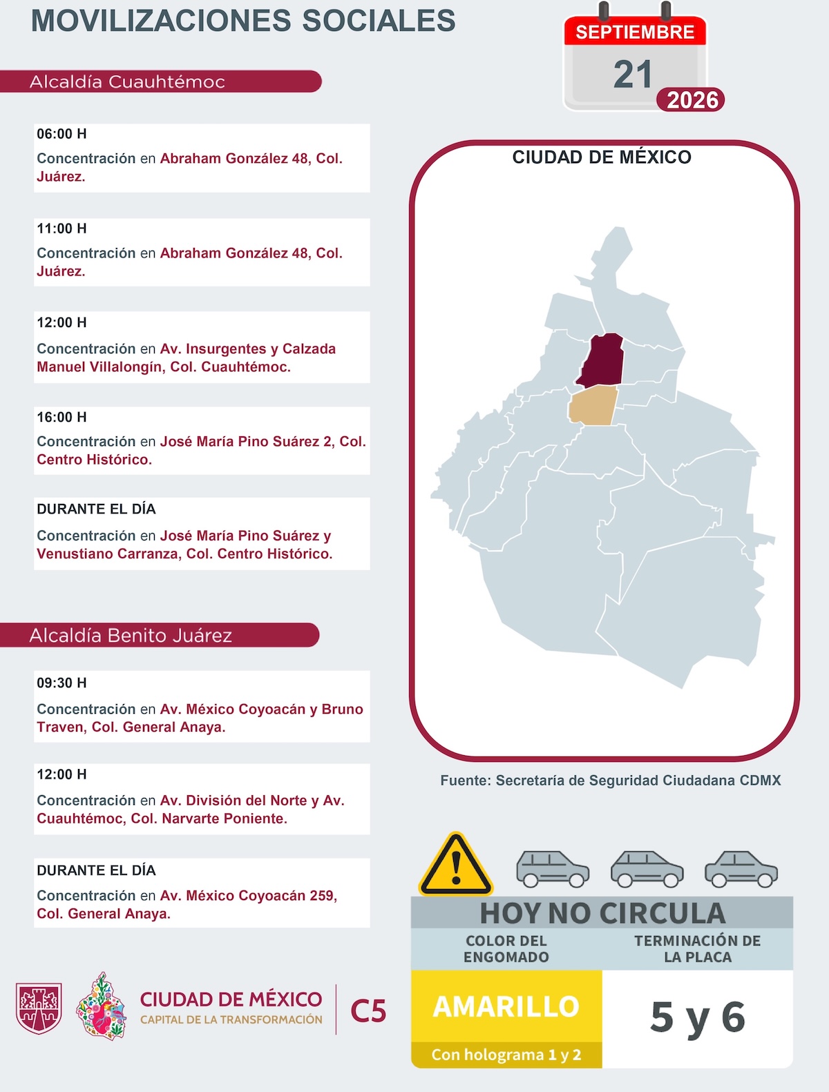 Movilizaciones sociales en CDMX este lunes 21 de septiembre de 2026