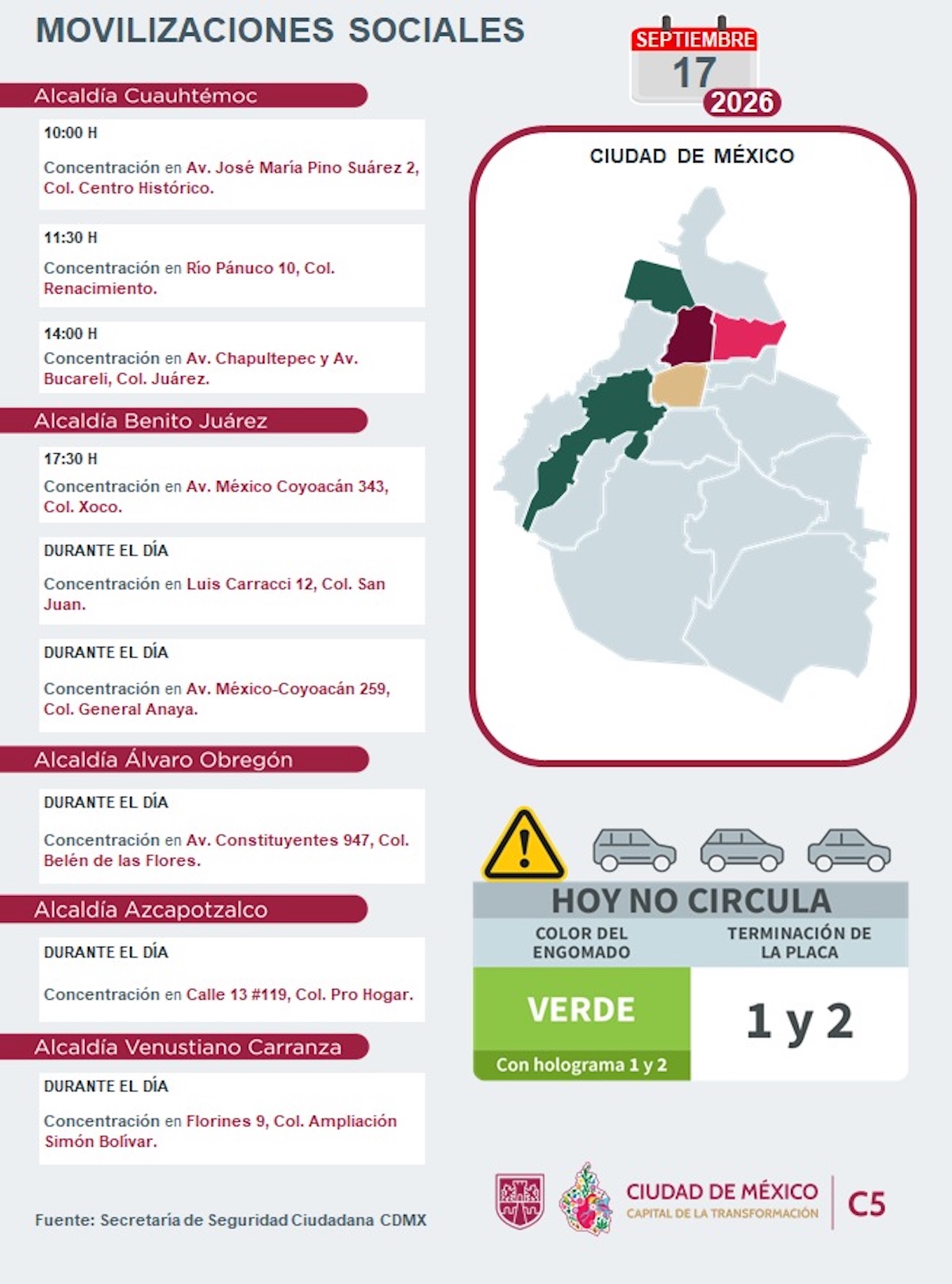 Movilizaciones sociales en CDMX este jueves 17 de septiembre de 2026. Foto: C5