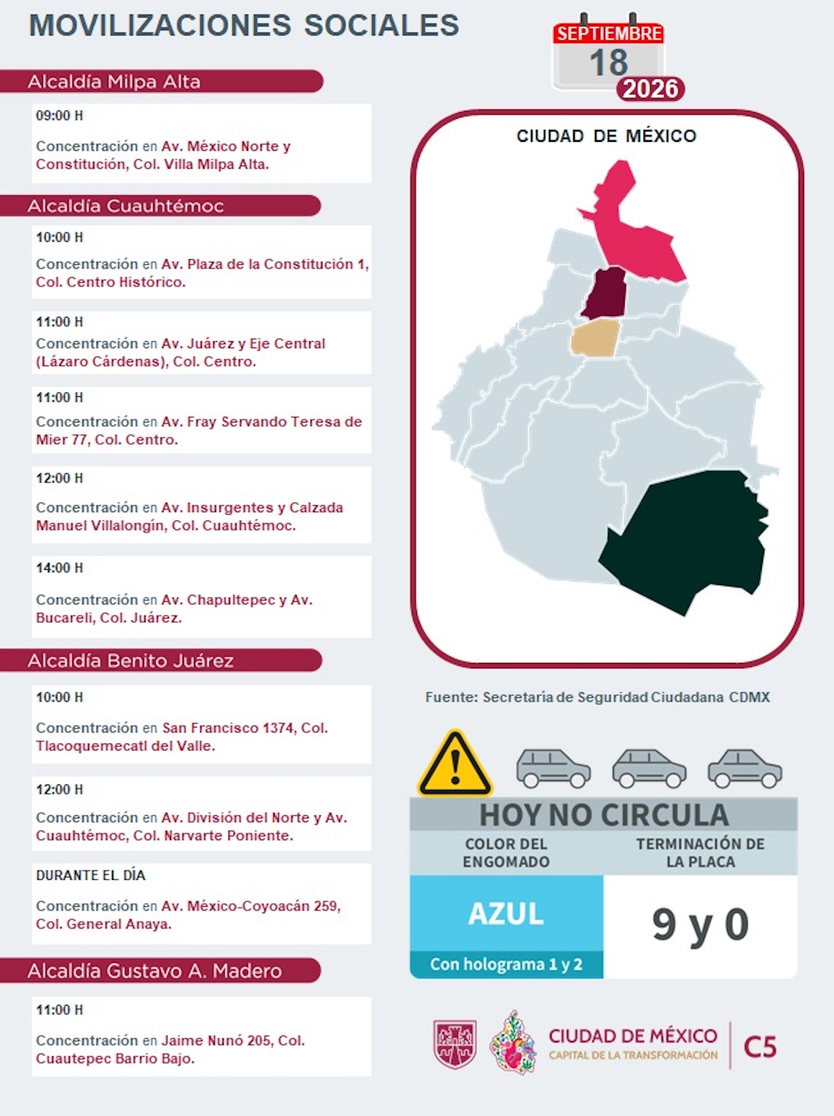Movilizaciones sociales en CDMX este viernes 18 de septiembre de 2026