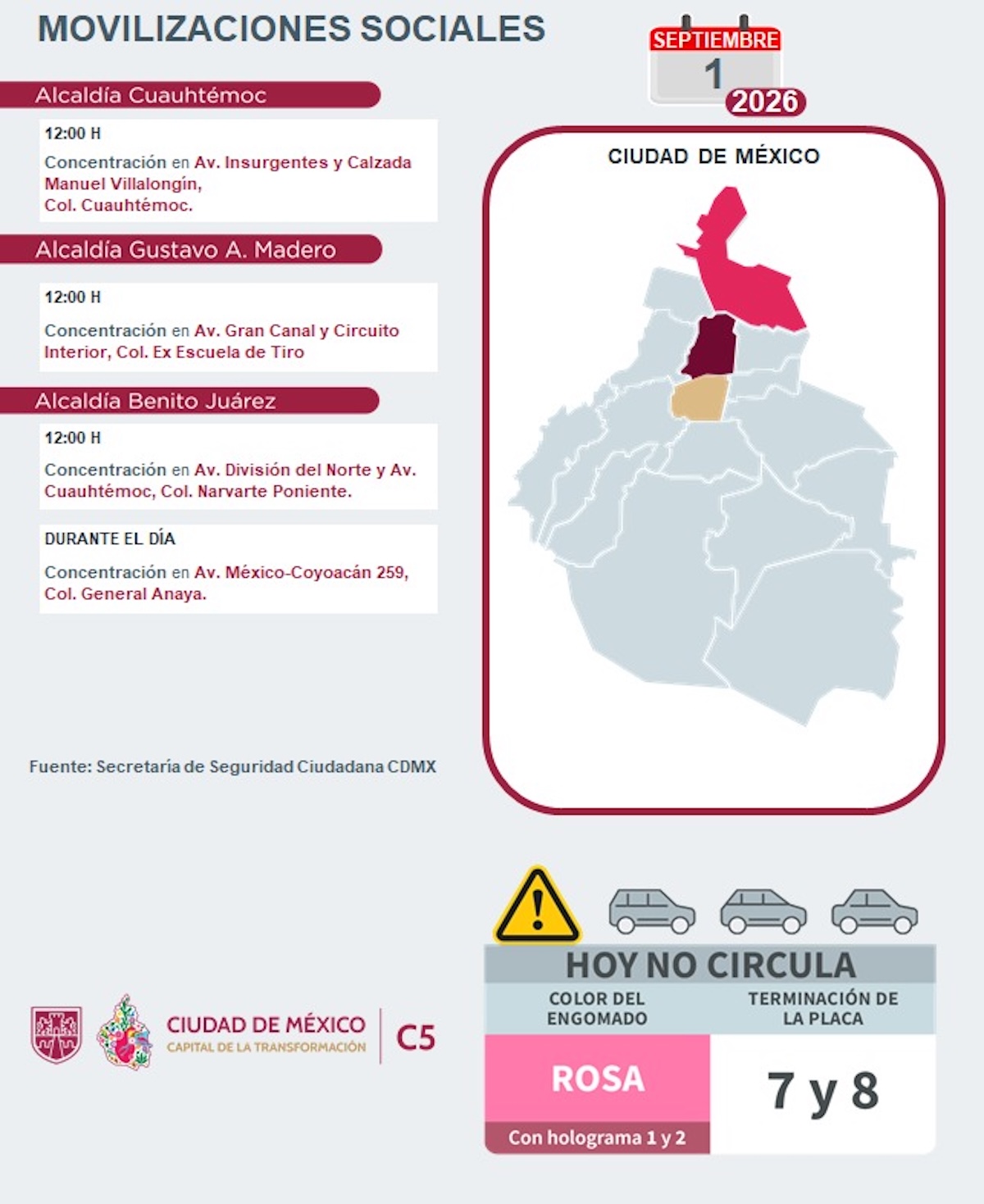 Puntos de concentración y cierres viales este martes en CDMX. Foto: C5