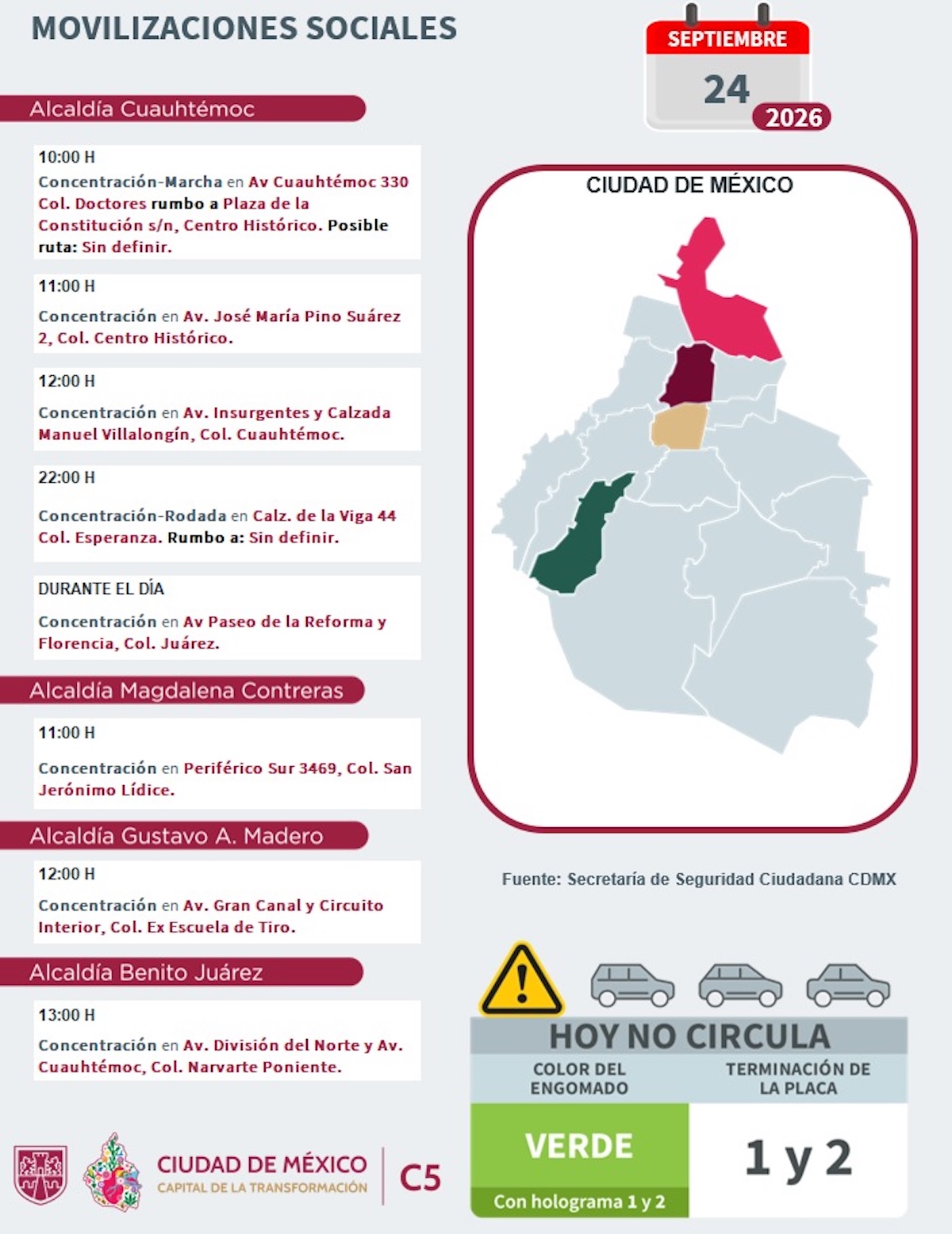 Movilizaciones en CDMX este jueves 24 de septiembre