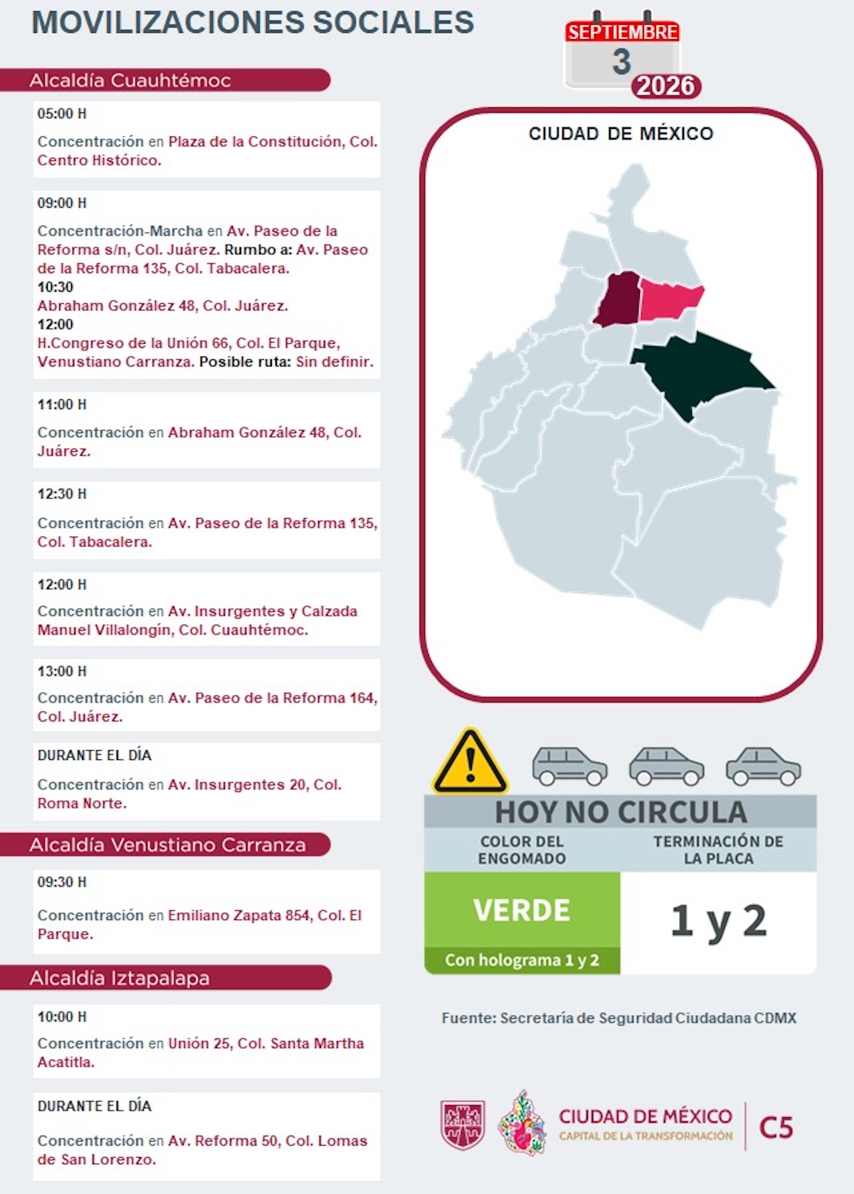 Tráfico CDMX 3 de septiembre: Consulta las marchas, horarios y alternativas viales. Foto: C5