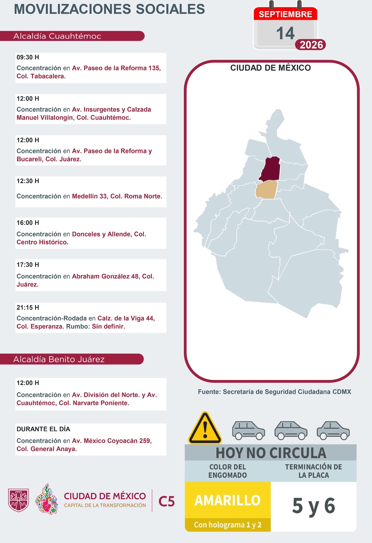 Movilizaciones sociales en CDMX este lunes 14 de septiembre de 2026