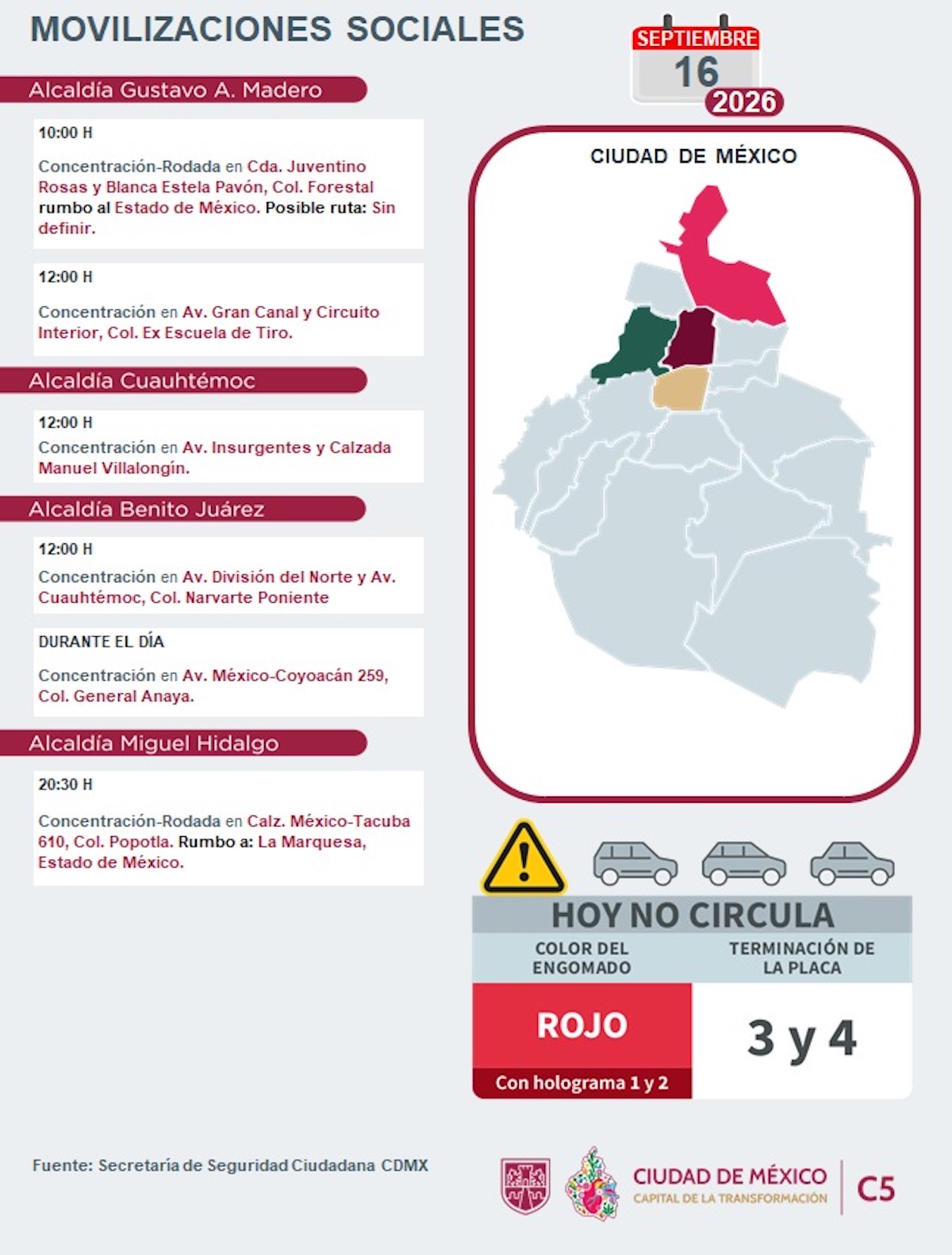 Movilizaciones sociales en CDMX este miércoles 16 de septiembre de 2026. Foto: C5