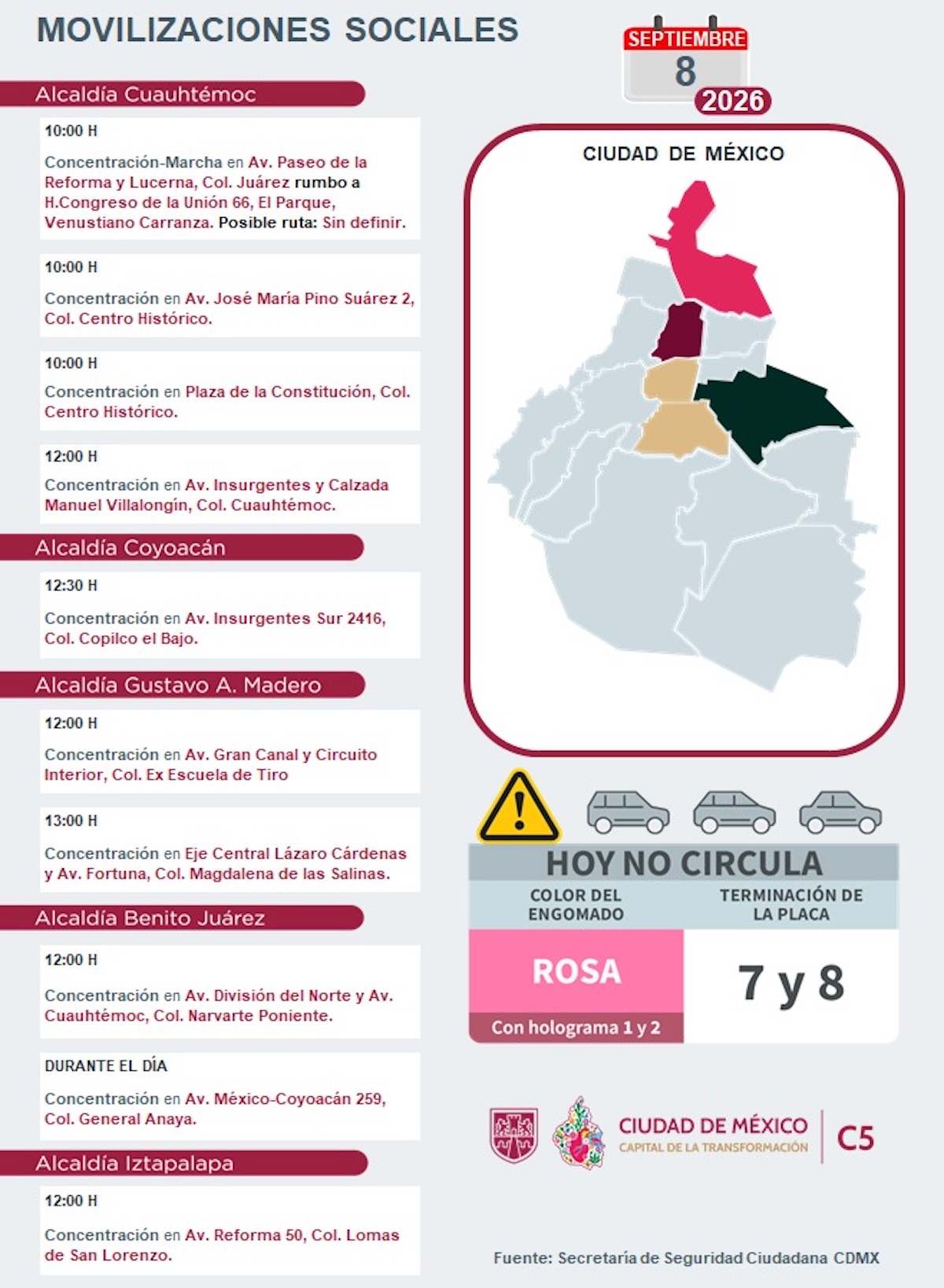 Marchas programadas para HOY en CDMX. Foto: C5
