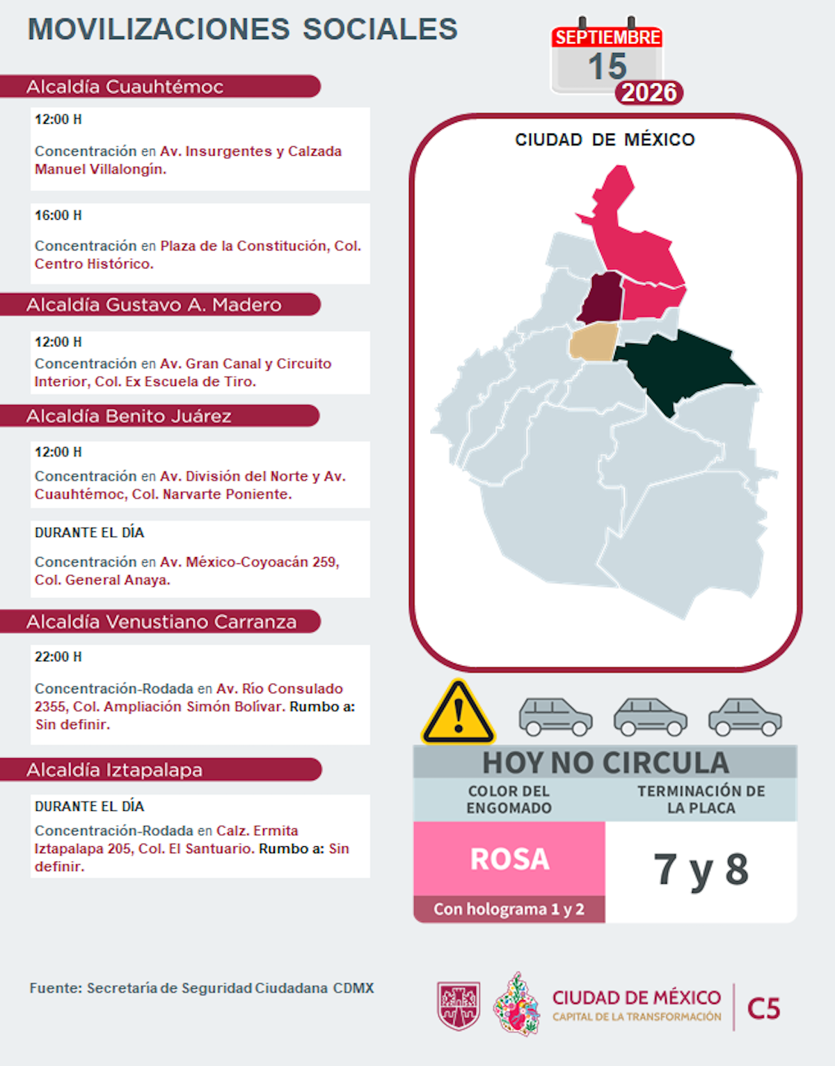 Movilizaciones sociales en CDMX este martes 15 de septiembre de 2026