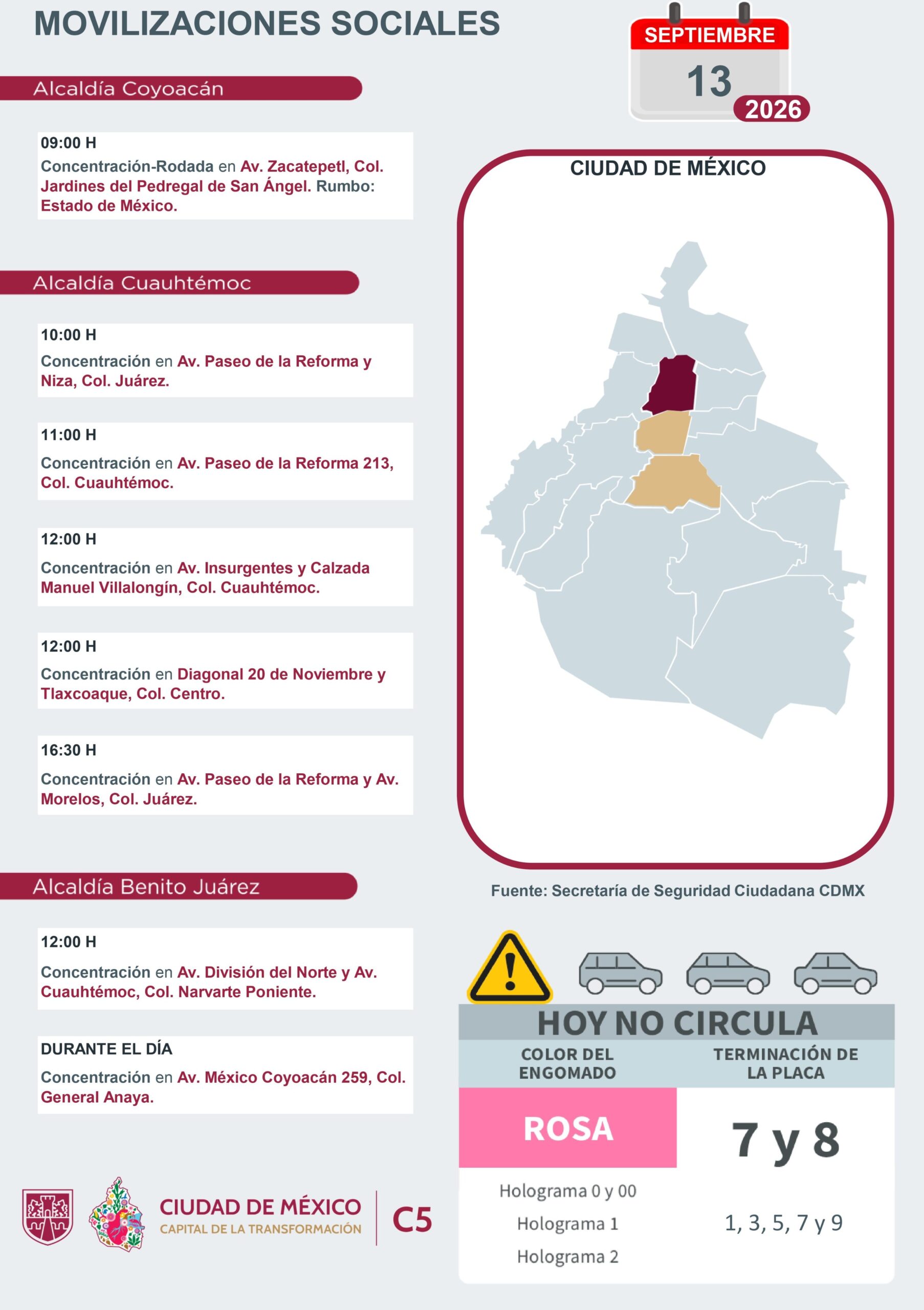 Movilizaciones sociales en CDMX este domingo 13 de septiembre de 2026. Foto: C5