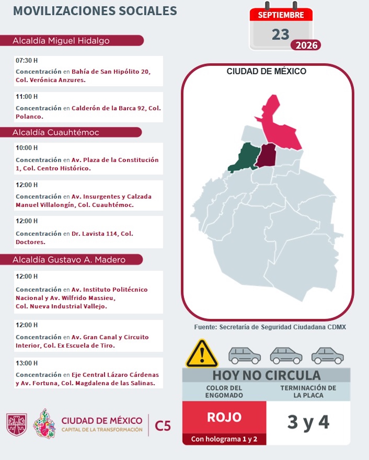 Movilizaciones sociales en CDMX este miércoles 23 de septiembre de 2026. Foto: C5