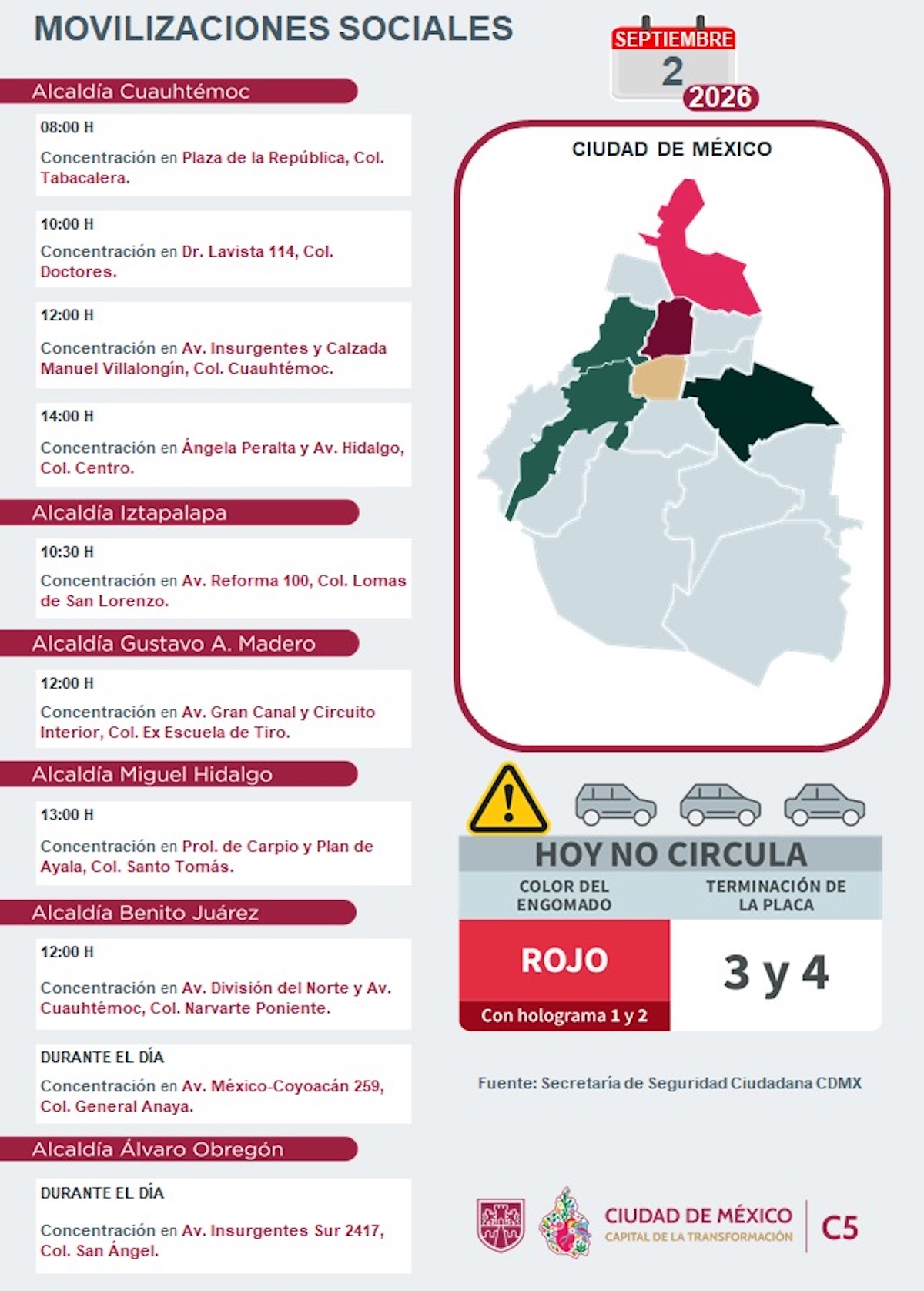 Puntos de concentración y cierres viales este miércoles en CDMX