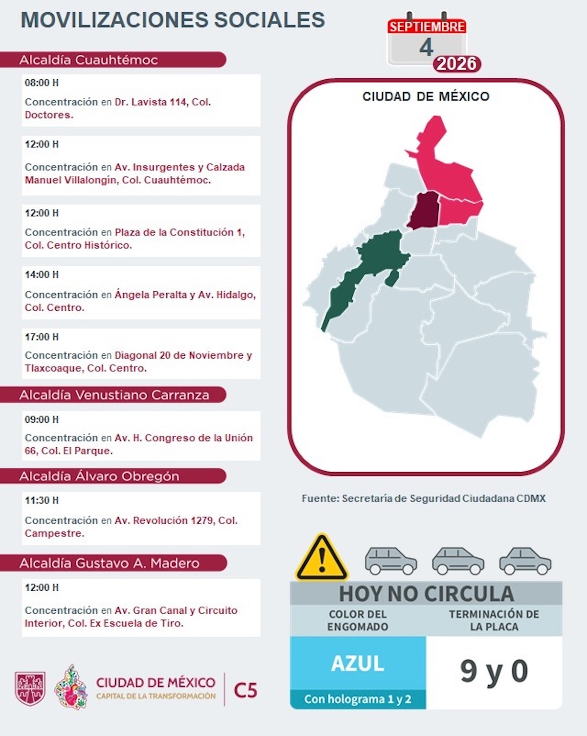 Tráfico CDMX 4 de septiembre: Consulta las marchas, horarios y alternativas viales. Foto: C5