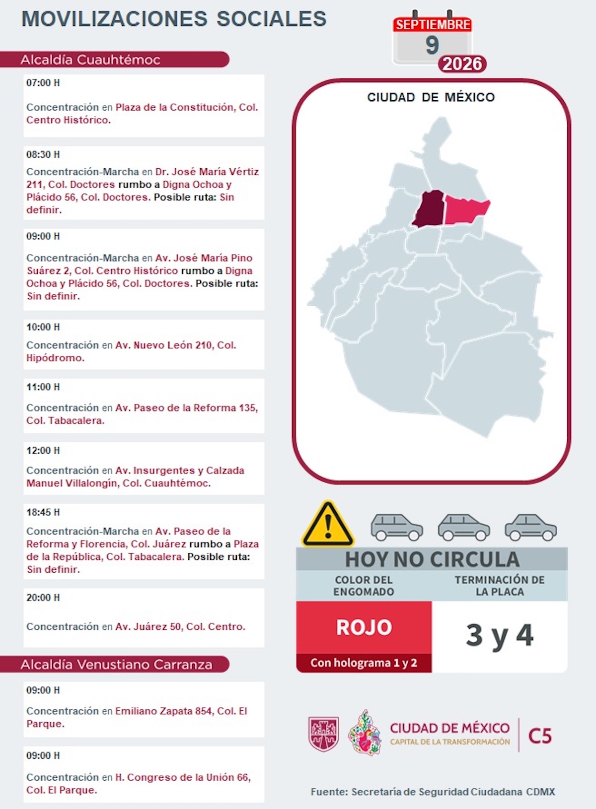 Tráfico CDMX 9 de septiembre: Consulta las marchas, horarios y alternativas viales