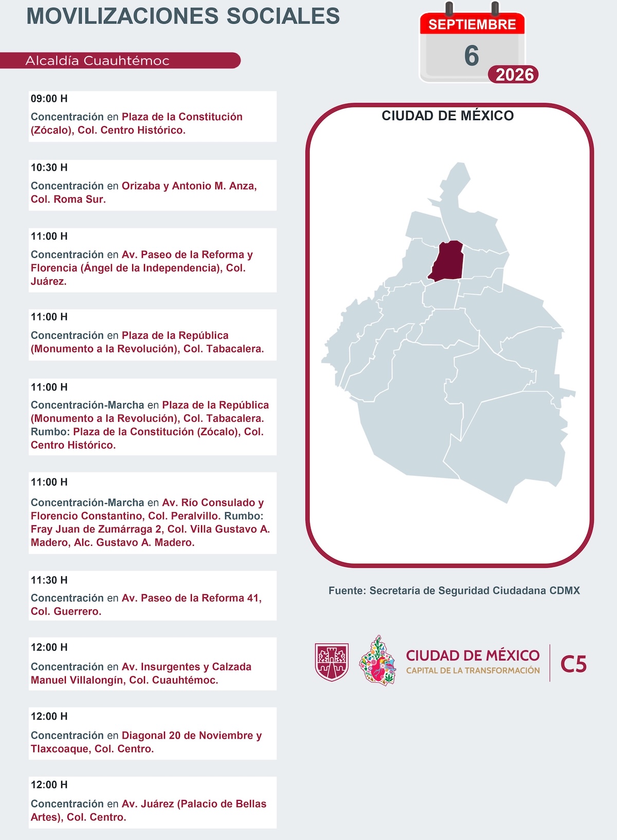 Movilizaciones sociales en CDMX este domingo 6 de septiembre de 2026. Foto: C5