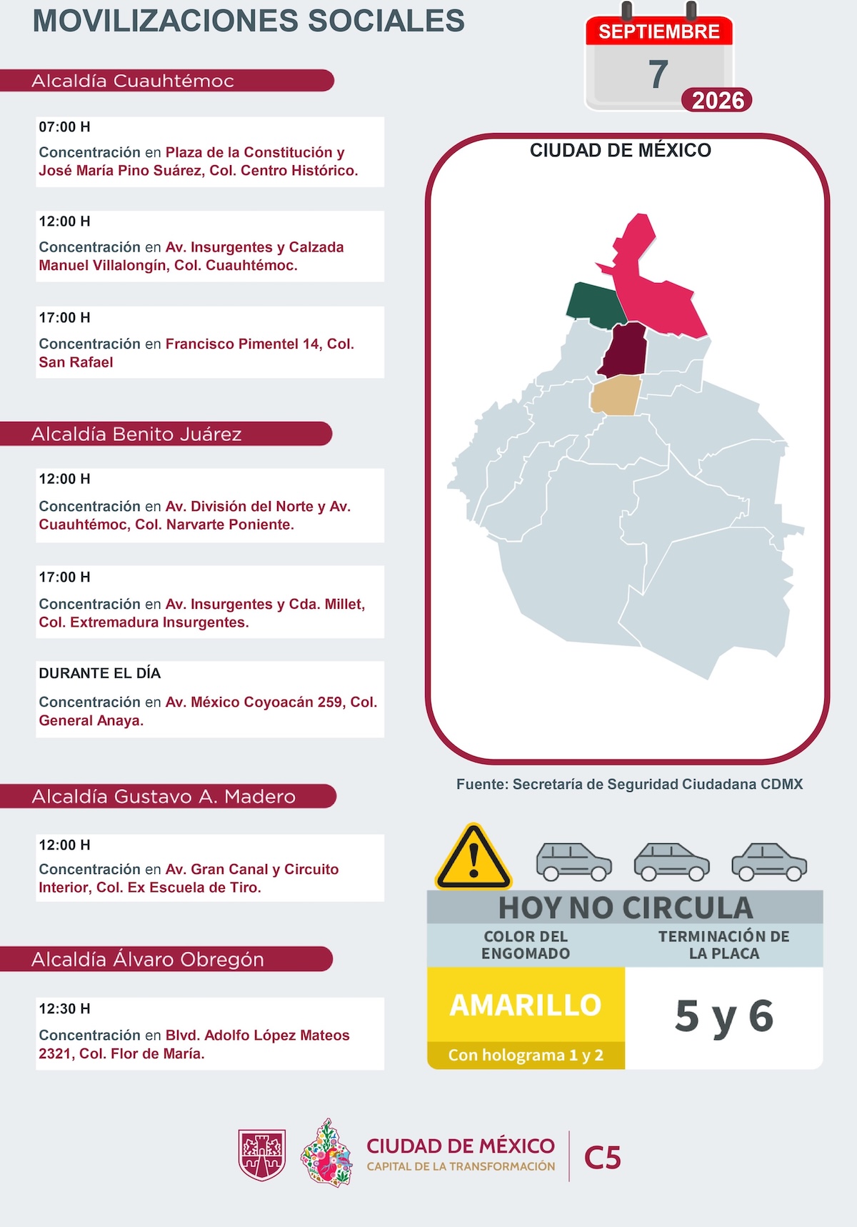 Movilizaciones sociales en CDMX este lunes 7 de septiembre de 2026